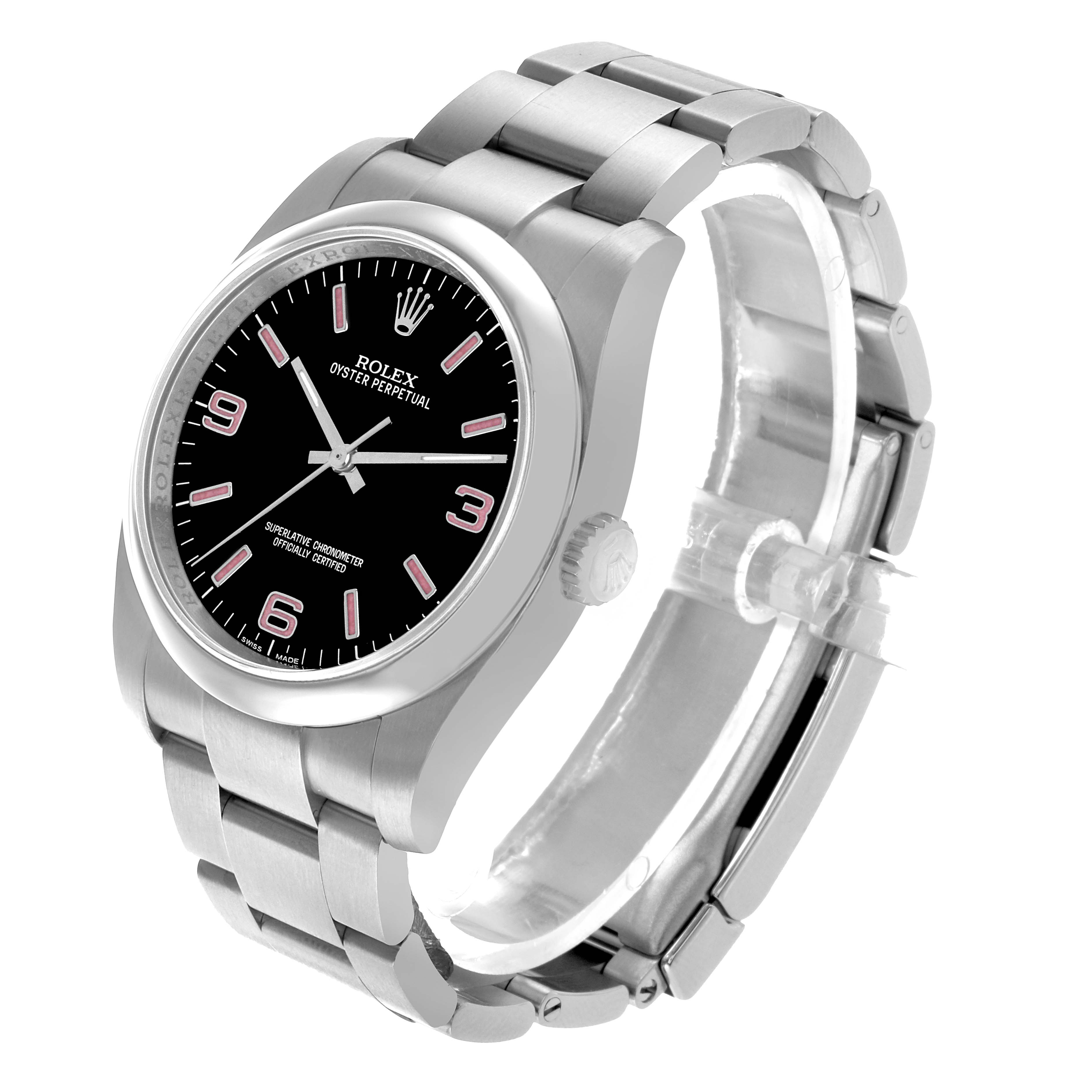 The Rolex Oyster Perpetual 116000 Men's Stainless Steel Black Dial is shown at a three-quarter angle, displaying its dial, bezel, crown, and bracelet.