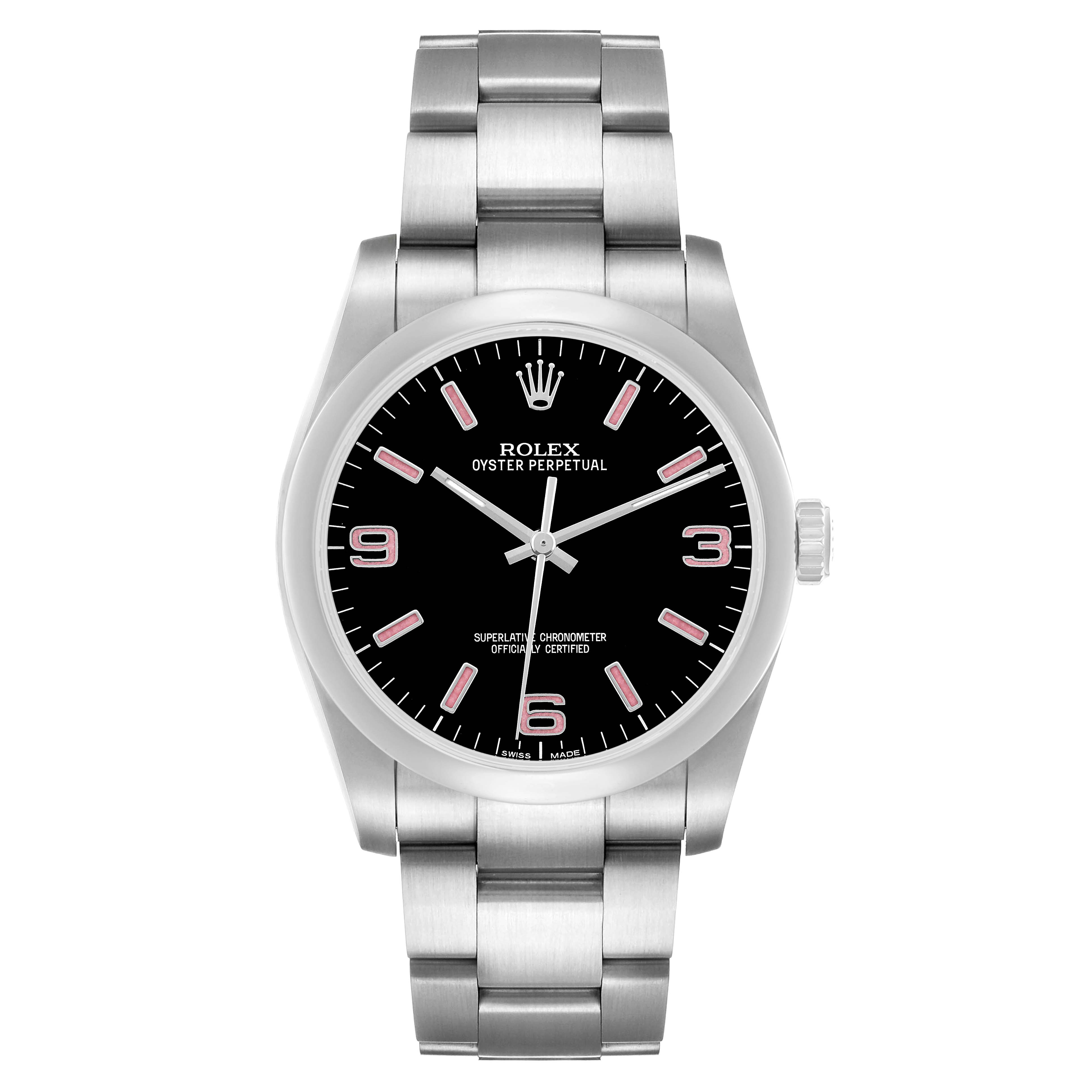 The image shows a front view of a Rolex Oyster Perpetual 116000 Men's Stainless Steel Black Dial watch, highlighting the dial, bezel, case, and bracelet.