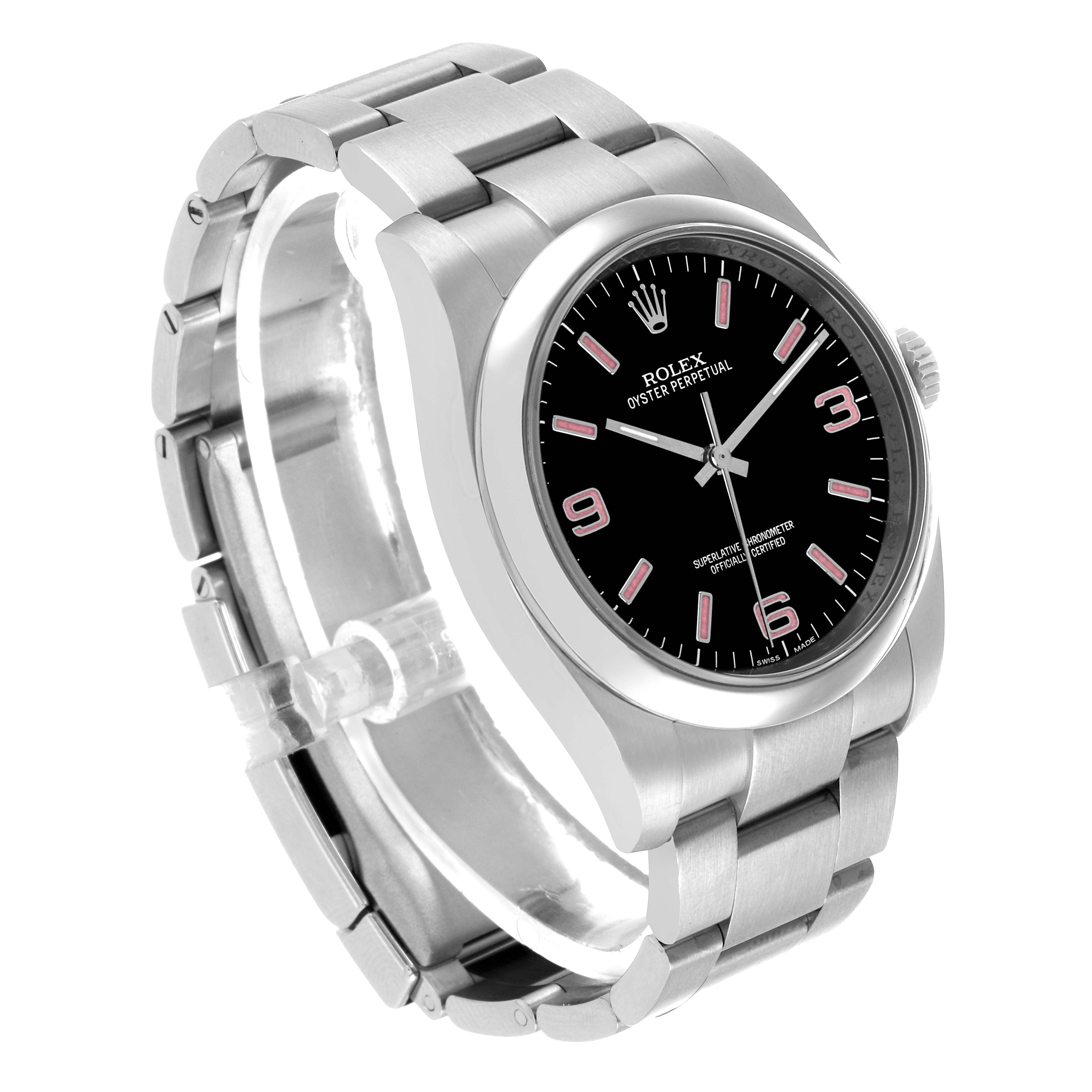 The Rolex Oyster Perpetual 116000 Men's Stainless Steel Black Dial watch is shown at a three-quarter angle, highlighting the face, bezel, and bracelet.