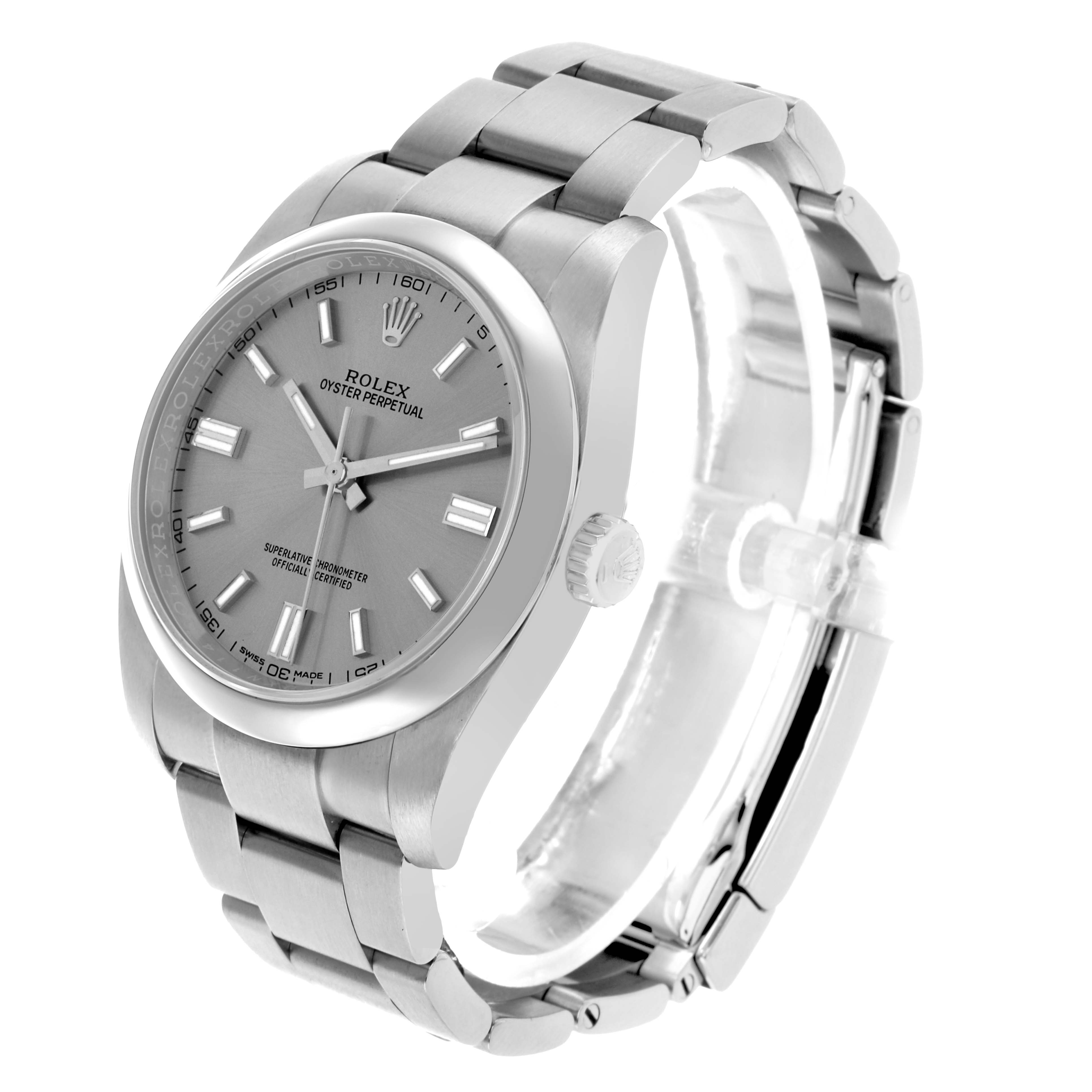 The Rolex Oyster Perpetual 116000 Men's Stainless Steel Silver Dial watch is shown from a three-quarter angle, displaying the face, bracelet, and crown.