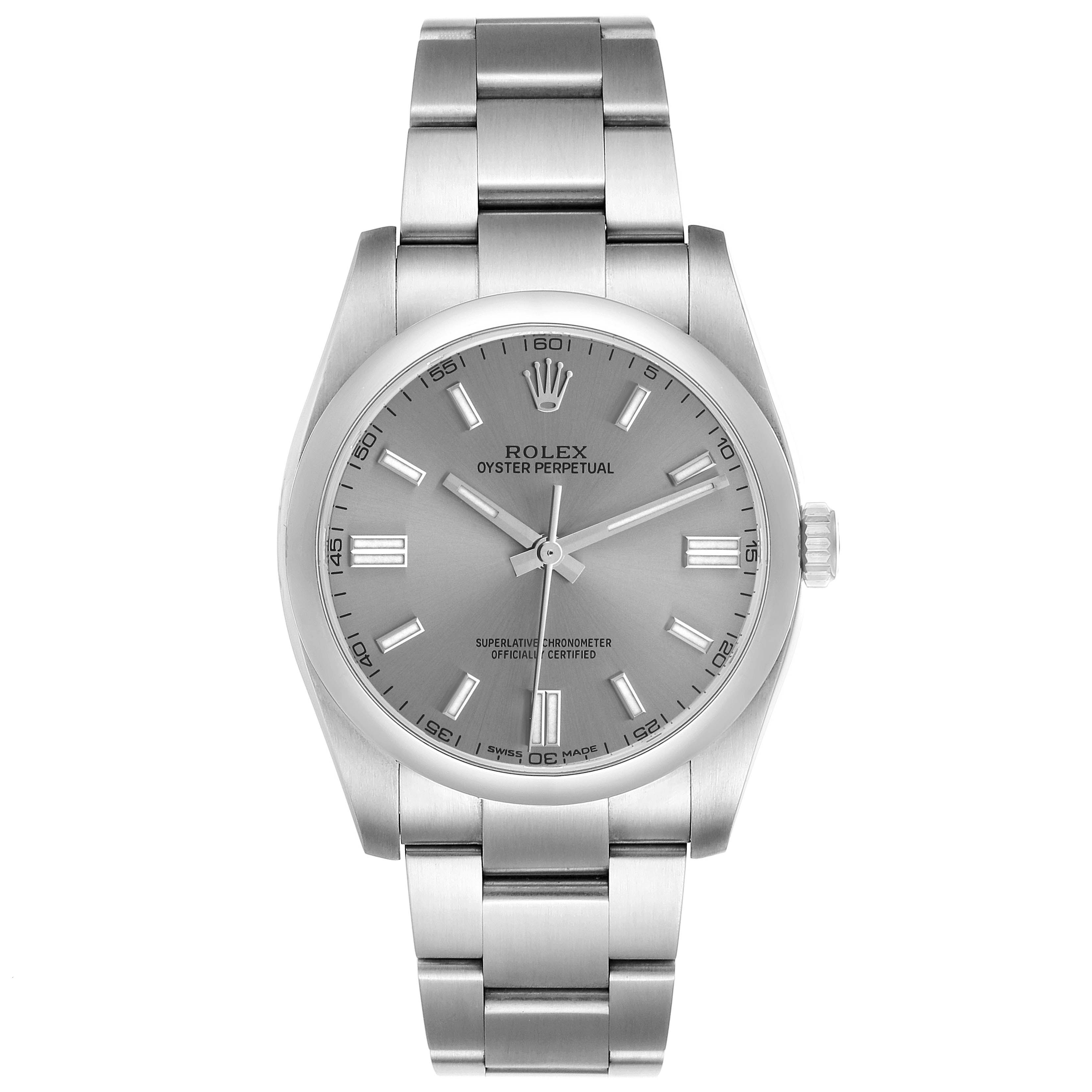 The Rolex Oyster Perpetual 116000 Men's Stainless Steel Silver Dial watch is shown from a front angle, highlighting the face, bezel, and bracelet.