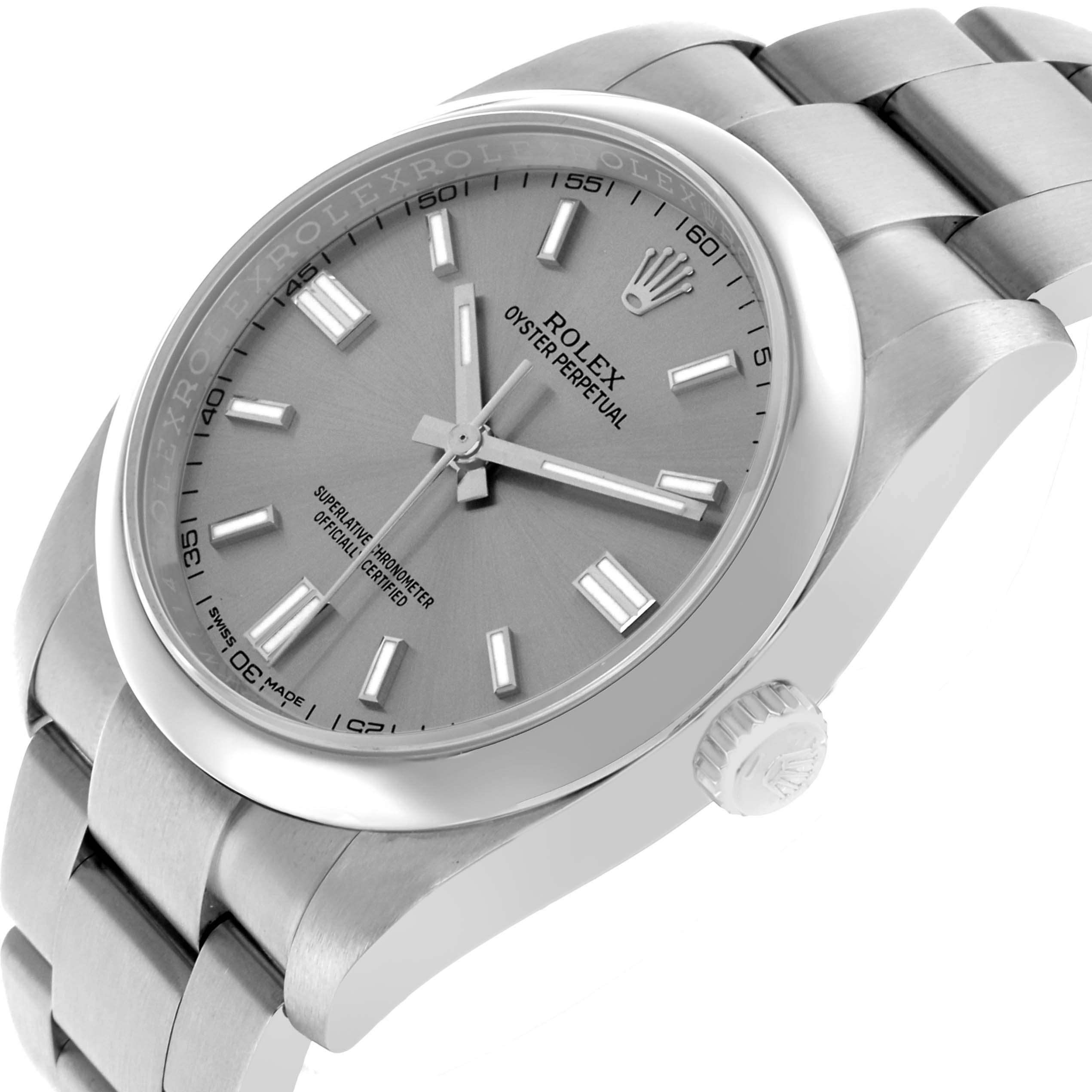 The Rolex Oyster Perpetual 116000 Men's Stainless Steel Silver Dial watch is shown at an angle highlighting the dial, bezel, crown, and part of the bracelet.