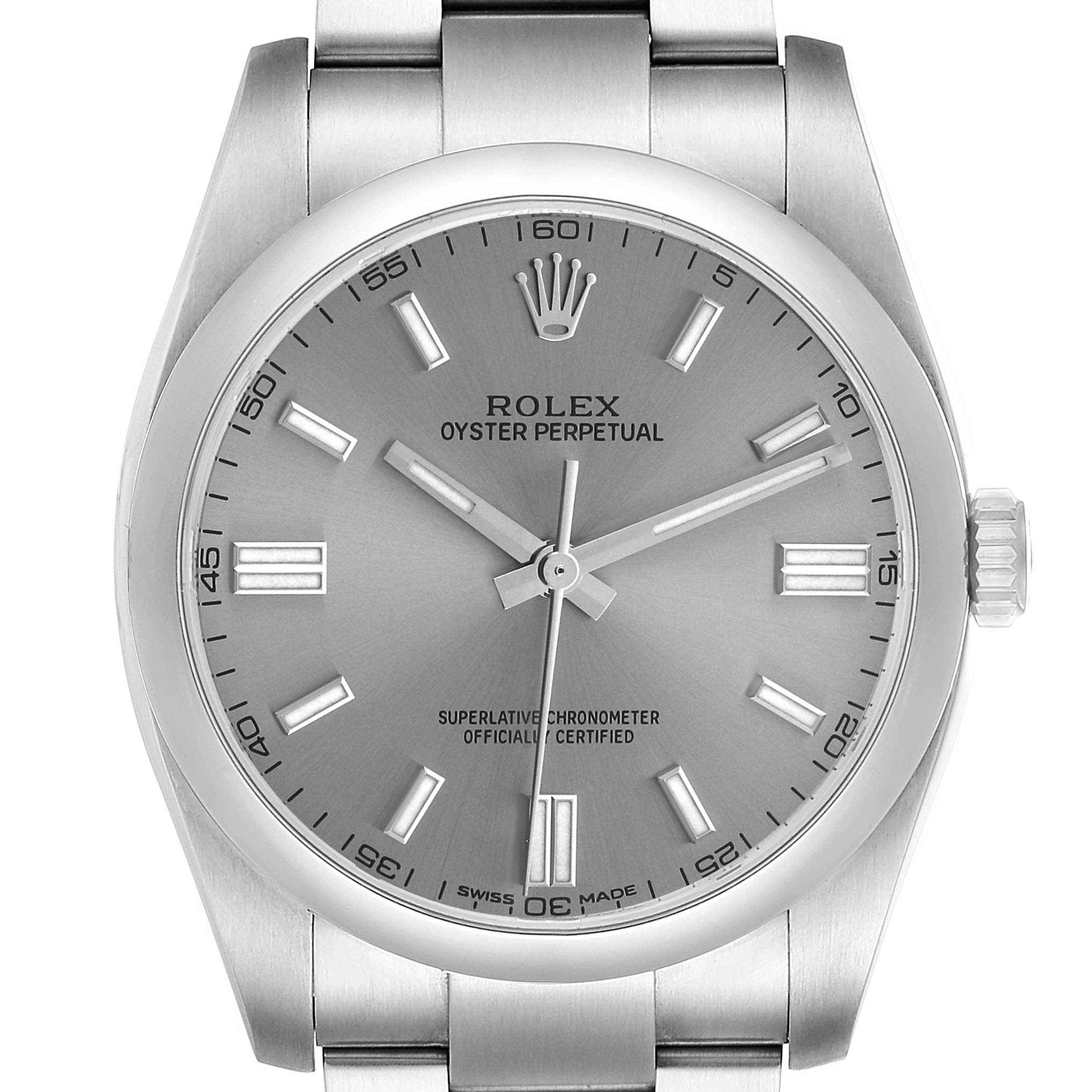 The Rolex Oyster Perpetual 116000 Men's Stainless Steel Silver Dial watch is shown from the front, highlighting the dial, hour markers, and crown.