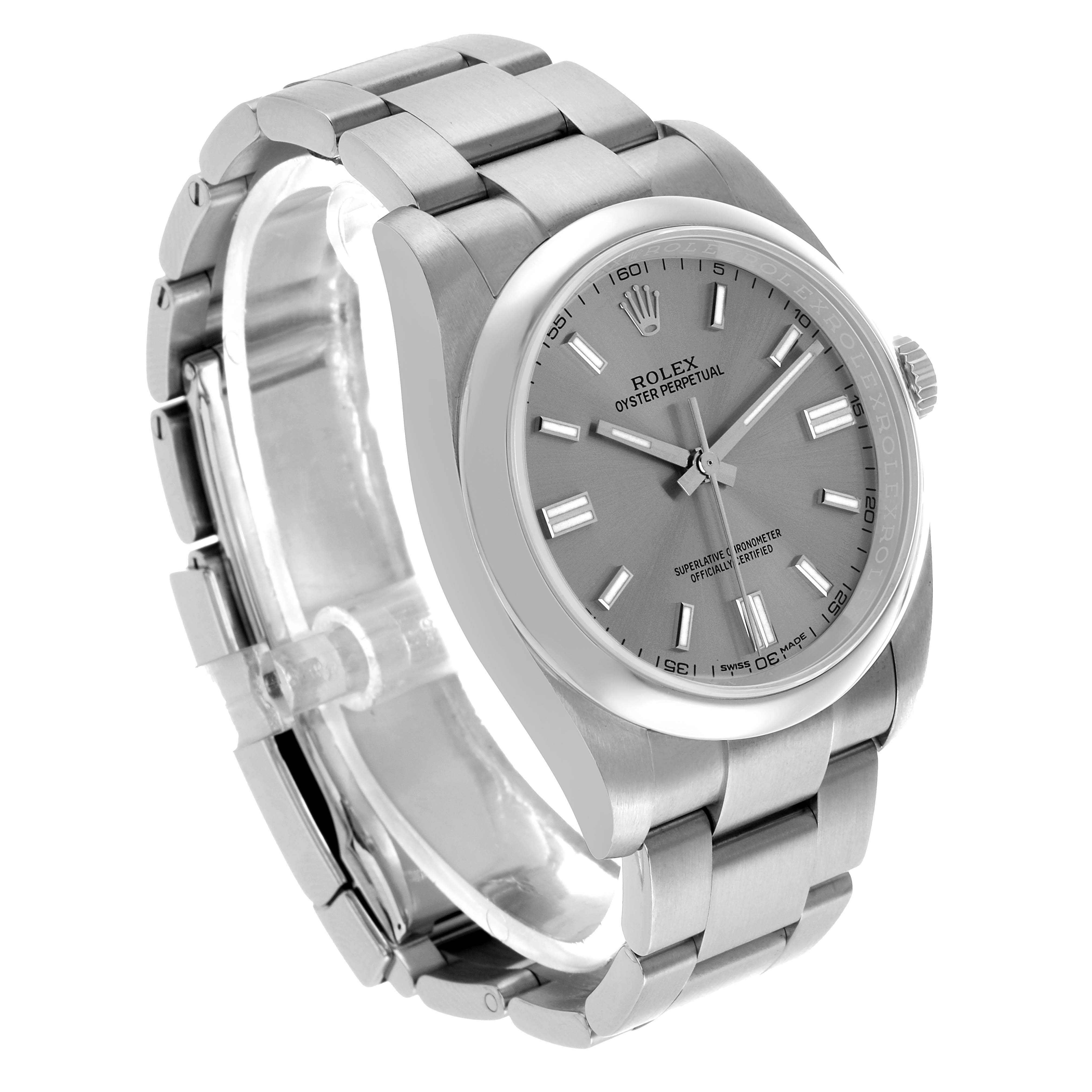 The Rolex Oyster Perpetual 116000 Men's Stainless Steel Silver Dial watch is shown at an oblique angle, highlighting its face, bezel, and part of the bracelet.