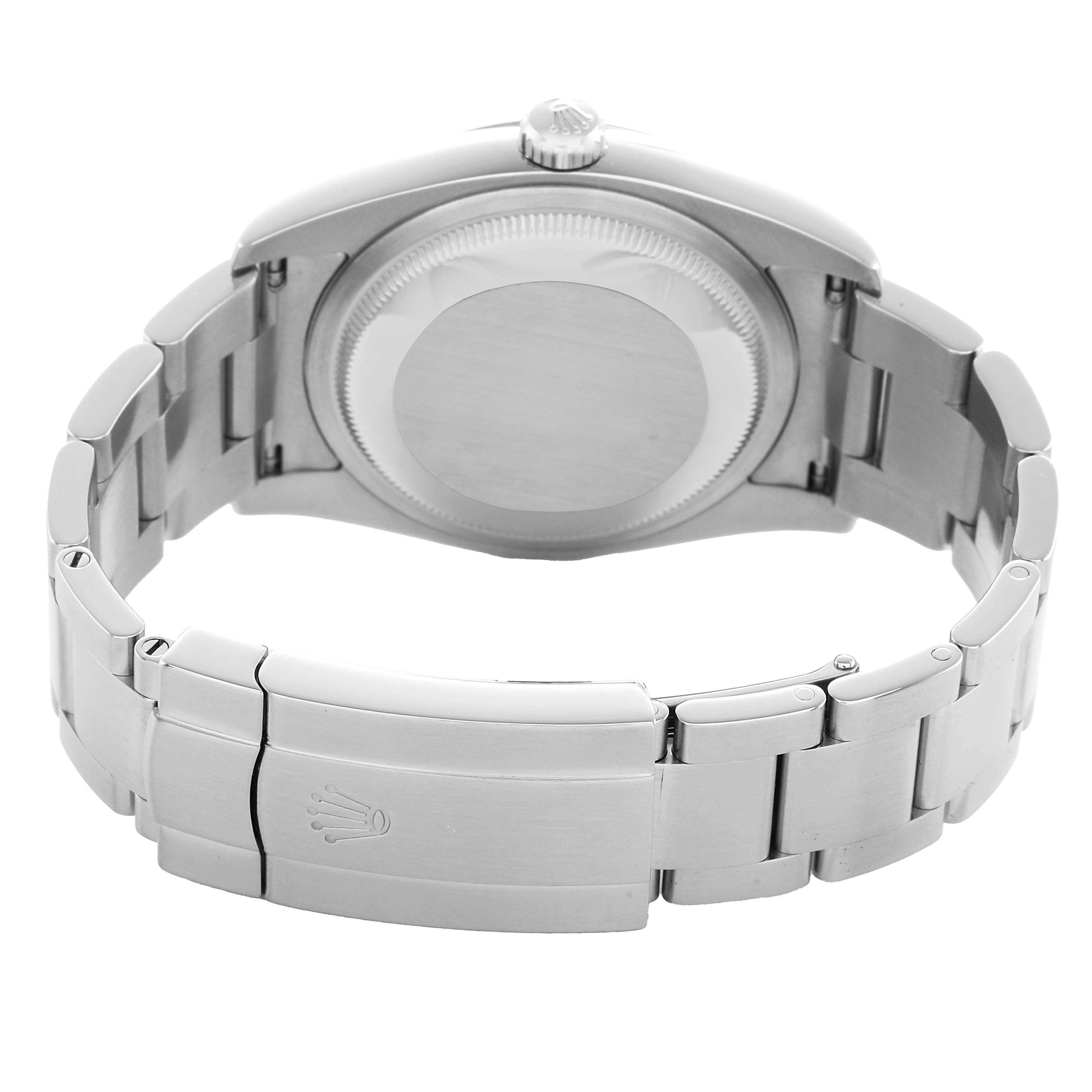 The image shows the back view of a Rolex Oyster Perpetual 116000 Men's Stainless Steel Silver Dial, highlighting the case back, crown, and bracelet clasp.