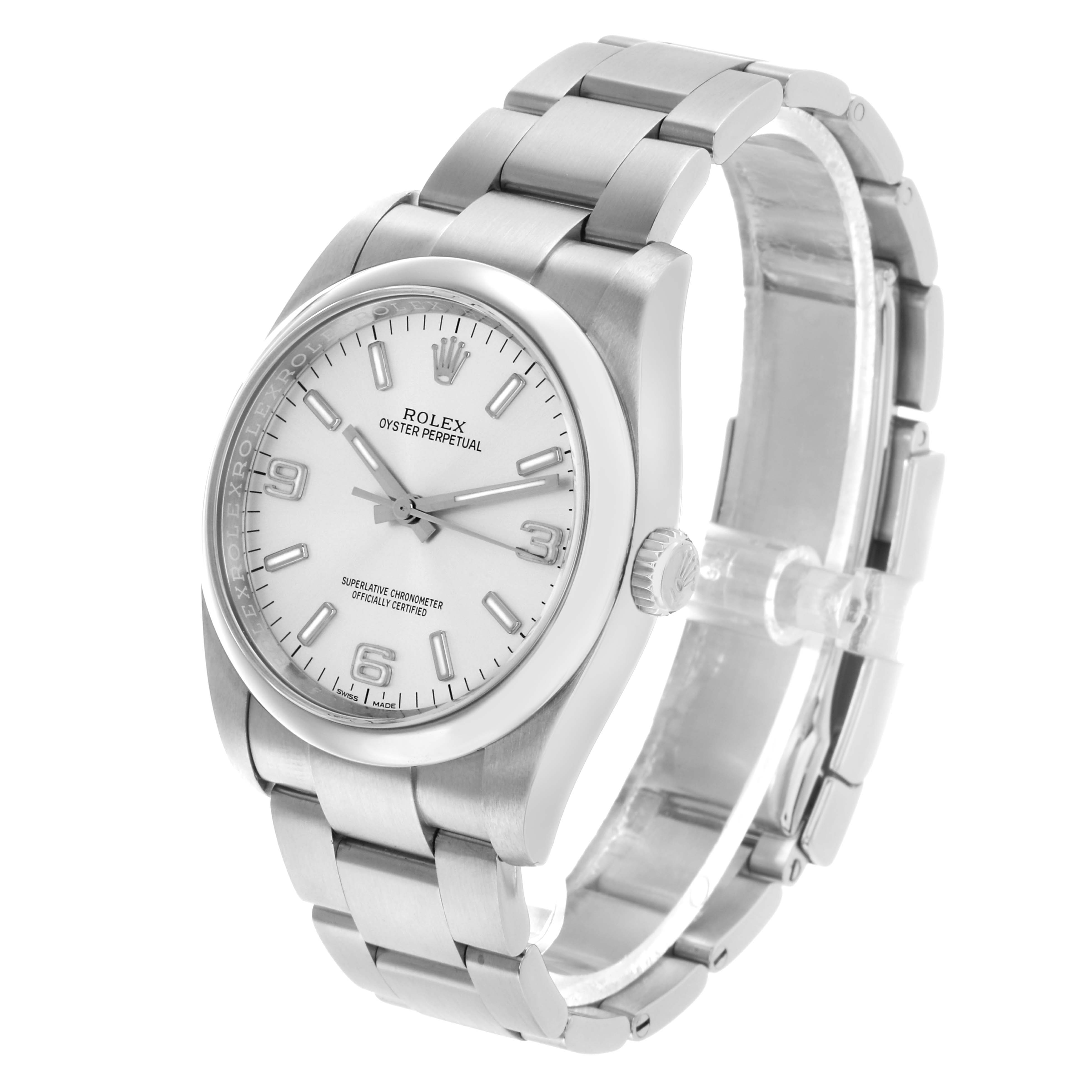 The Rolex Oyster Perpetual 116000 Men's Stainless Steel Silver Dial watch is shown at a three-quarter angle displaying the dial, bracelet, crown, and side profile.