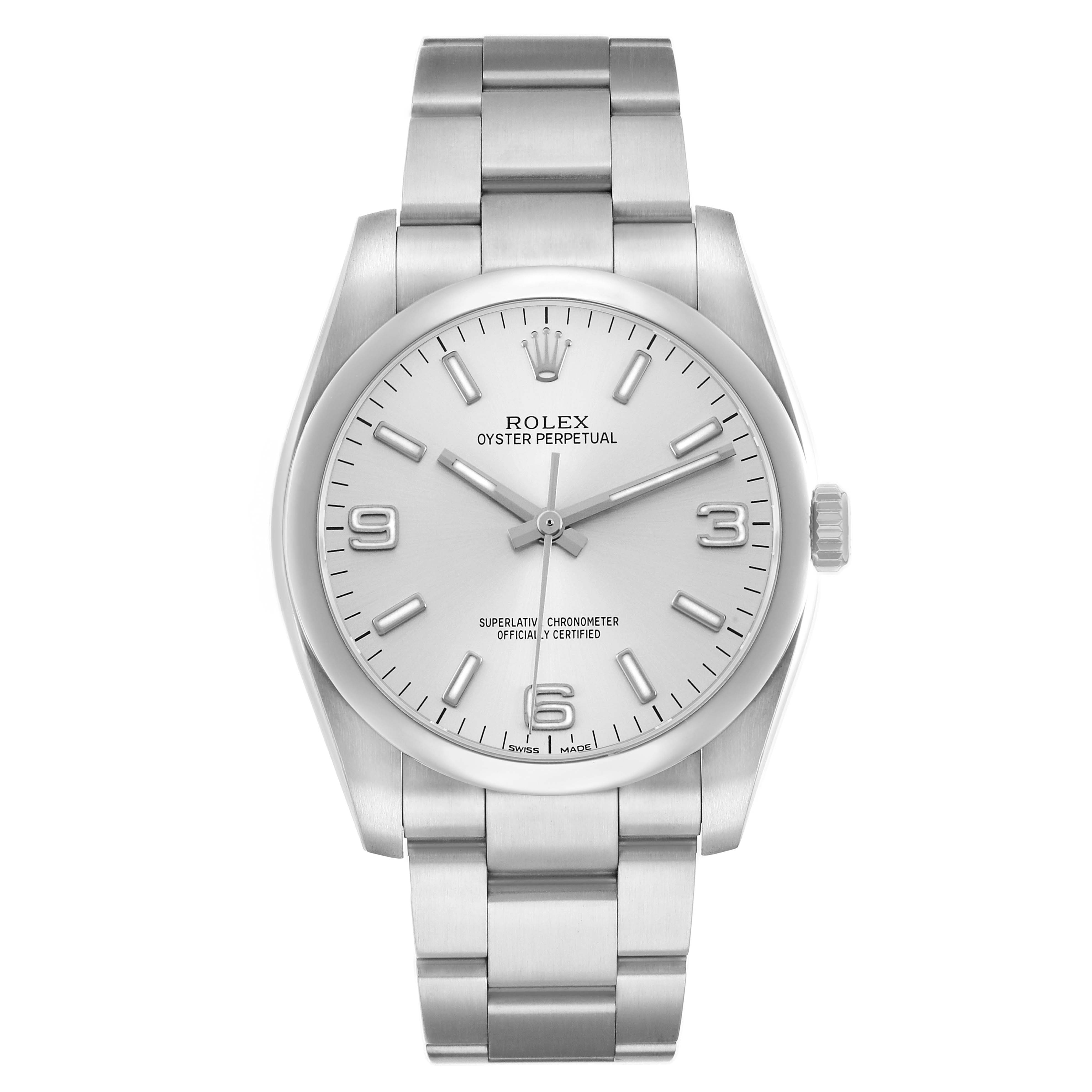 The Rolex Oyster Perpetual 116000 Men's Stainless Steel Silver Dial watch is shown from a front angle, highlighting the dial, bracelet, and bezel details.