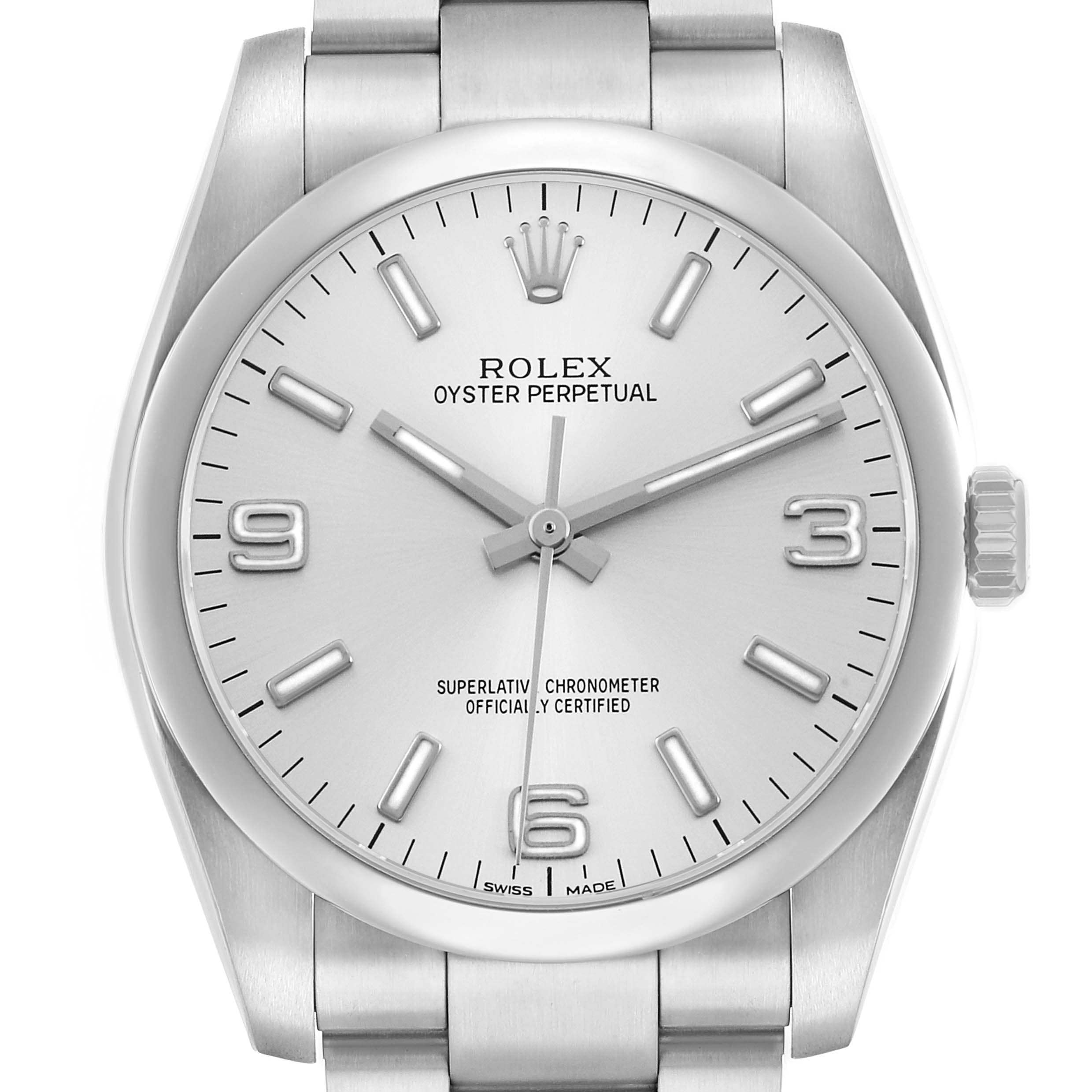 The Rolex Oyster Perpetual 116000 Men's Stainless Steel Silver Dial watch is shown from the front, highlighting the dial, hands, crown, and part of the bracelet.