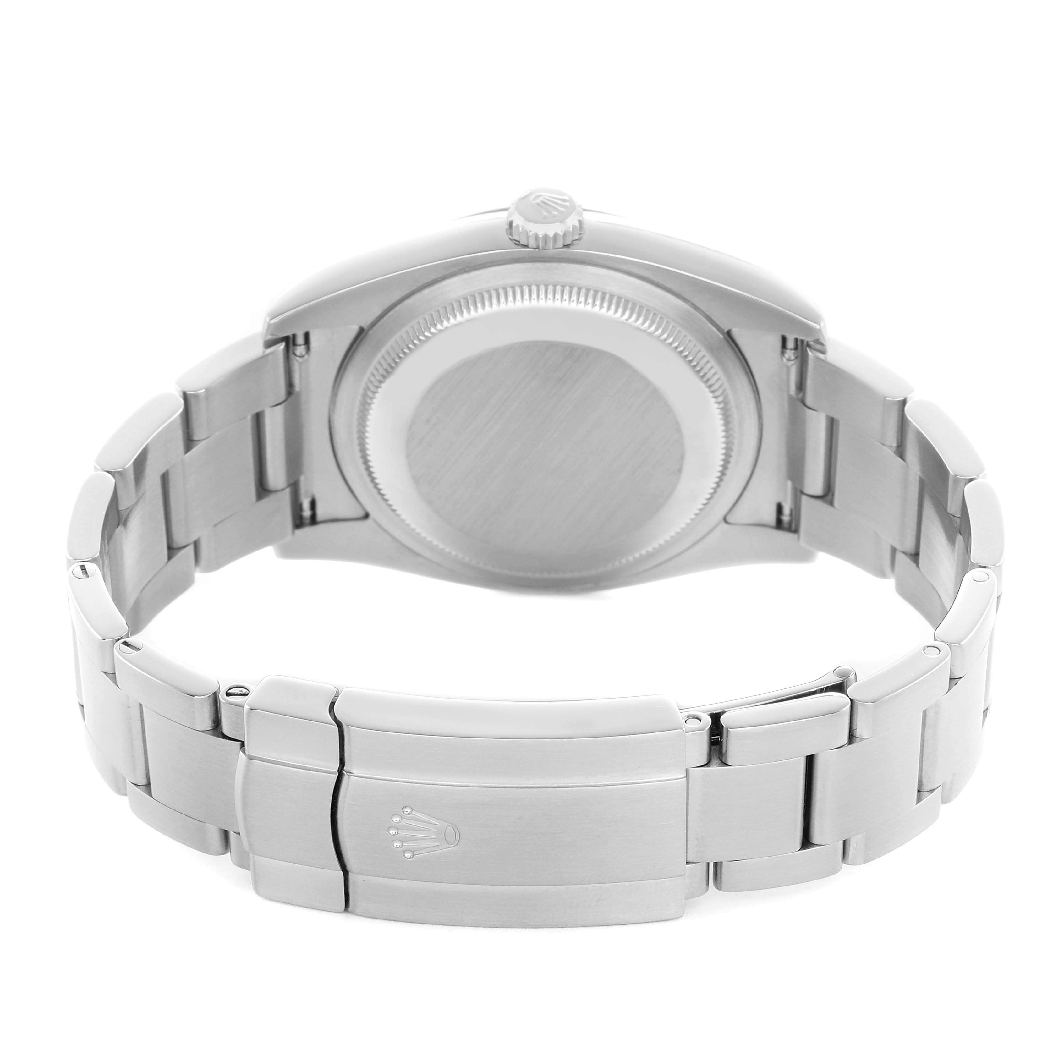 The image shows the back view of a Rolex Oyster Perpetual 116000 Men's Stainless Steel Silver Dial watch, highlighting the clasp and case back.