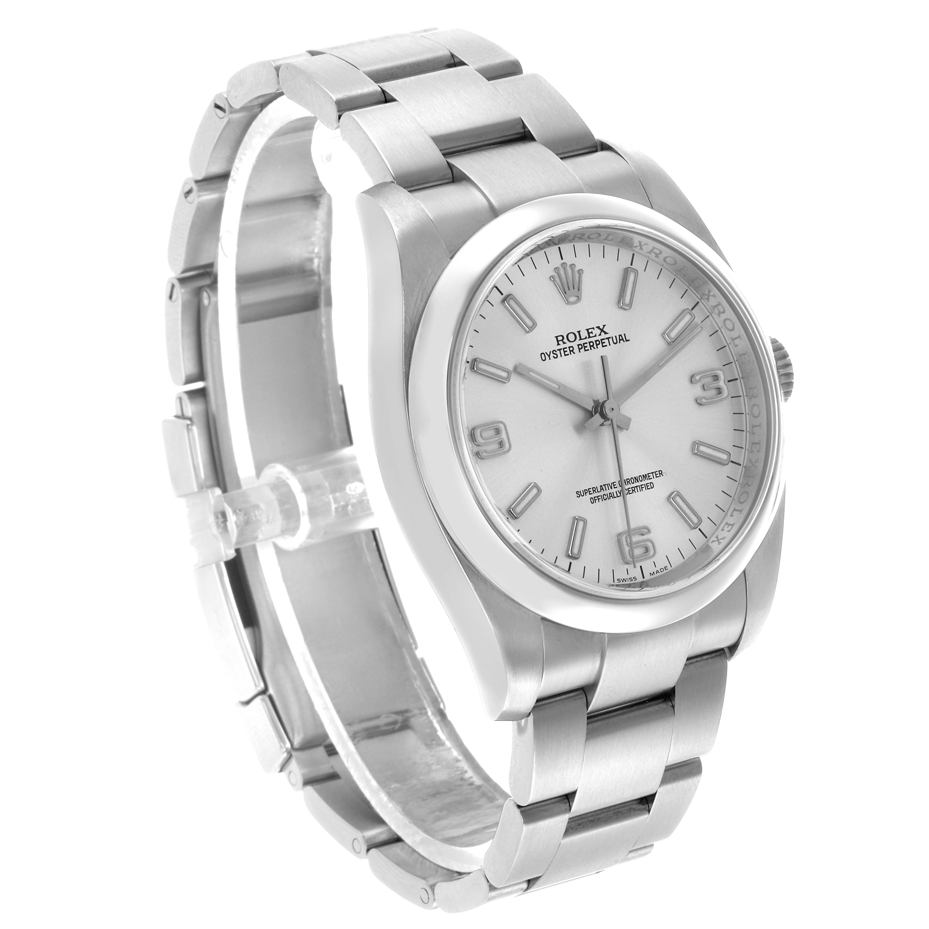 The Rolex Oyster Perpetual 116000 Men's Stainless Steel Silver Dial watch is shown at an angled side view, highlighting its face, bezel, and bracelet.