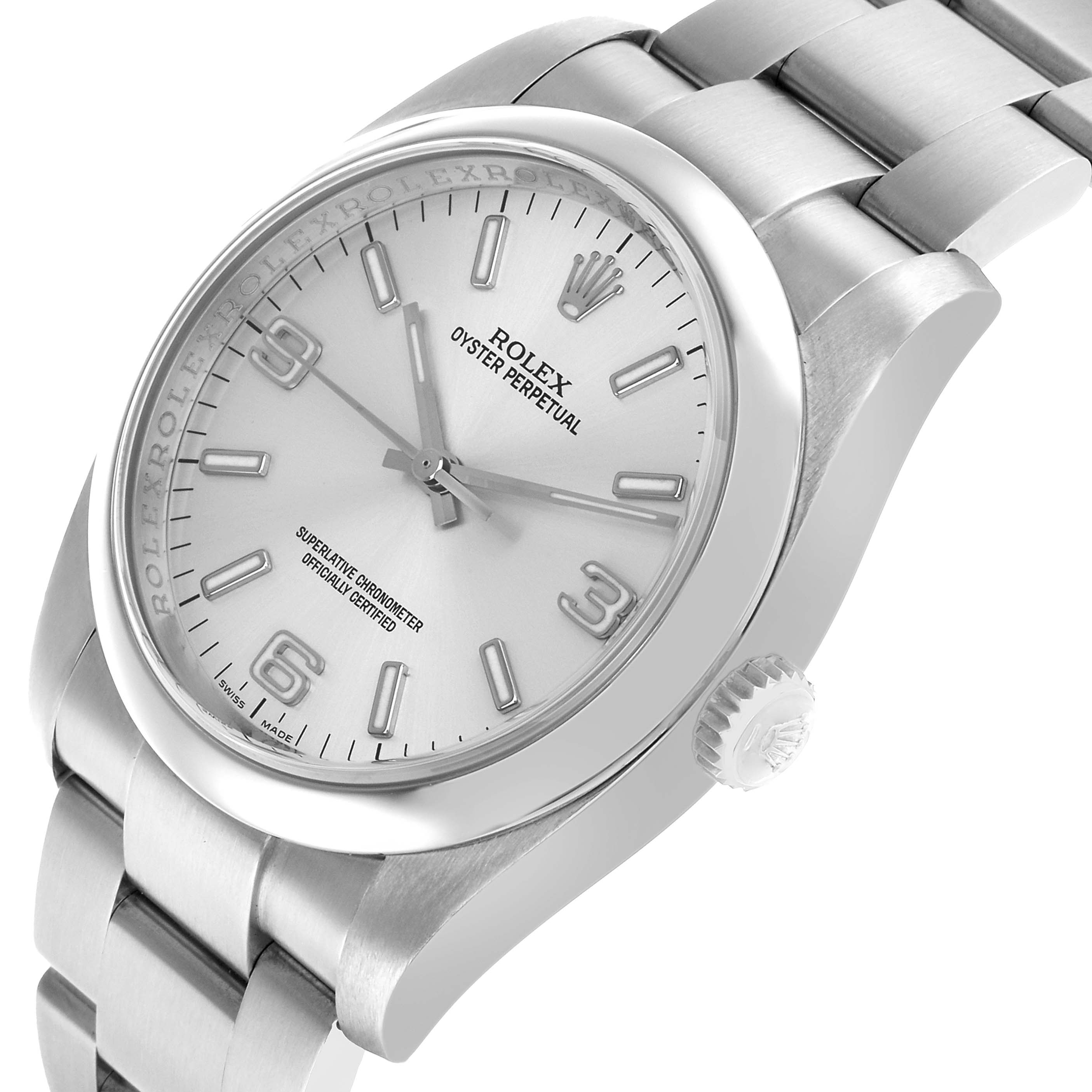 The Rolex Oyster Perpetual 116000 Men's Stainless Steel Silver Dial watch is shown at an angled side view, highlighting the face, crown, and bracelet links.