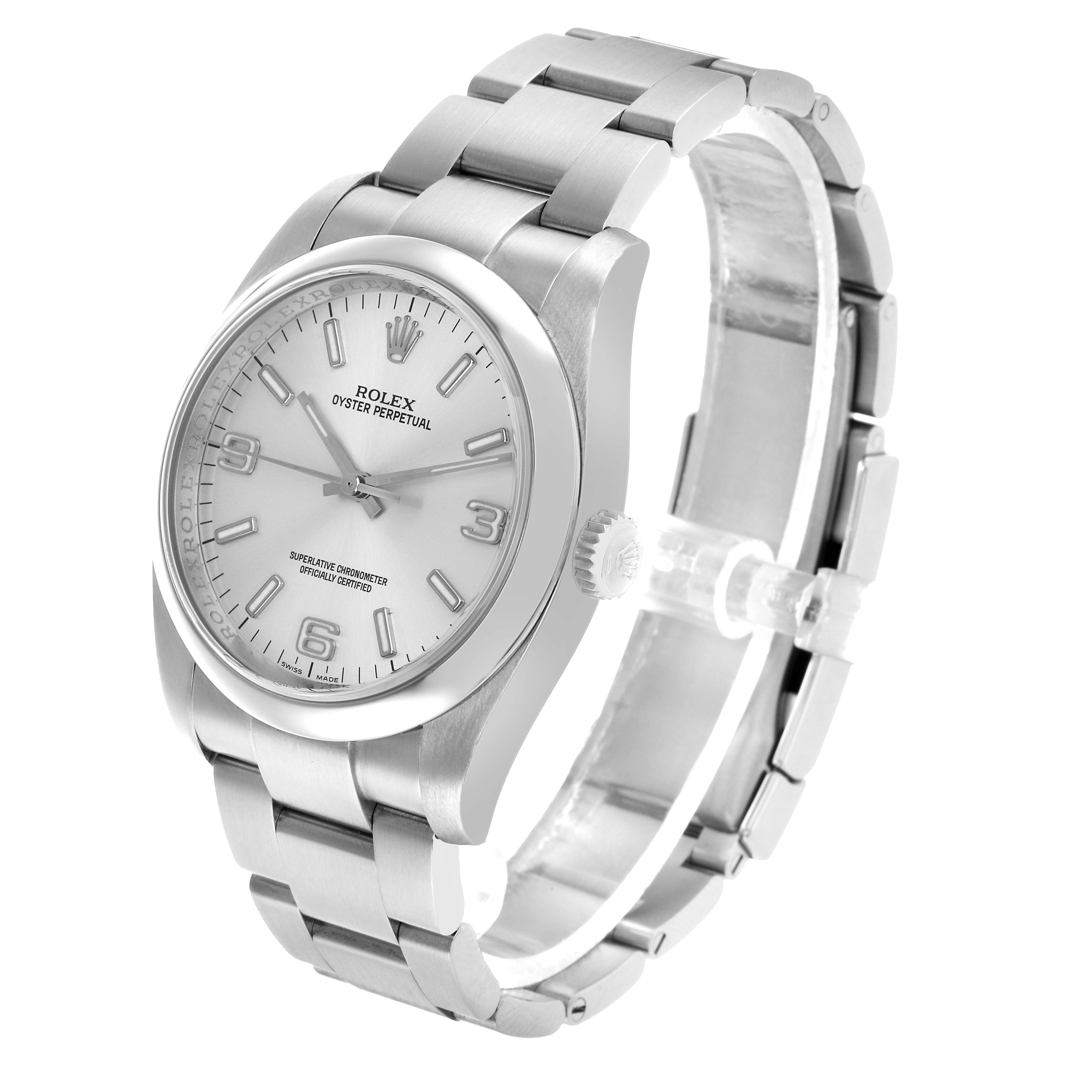The Rolex Oyster Perpetual 116000 Men's Stainless Steel Silver Dial watch is shown at a three-quarter angle, displaying the face, bezel, case, bracelet, and crown.