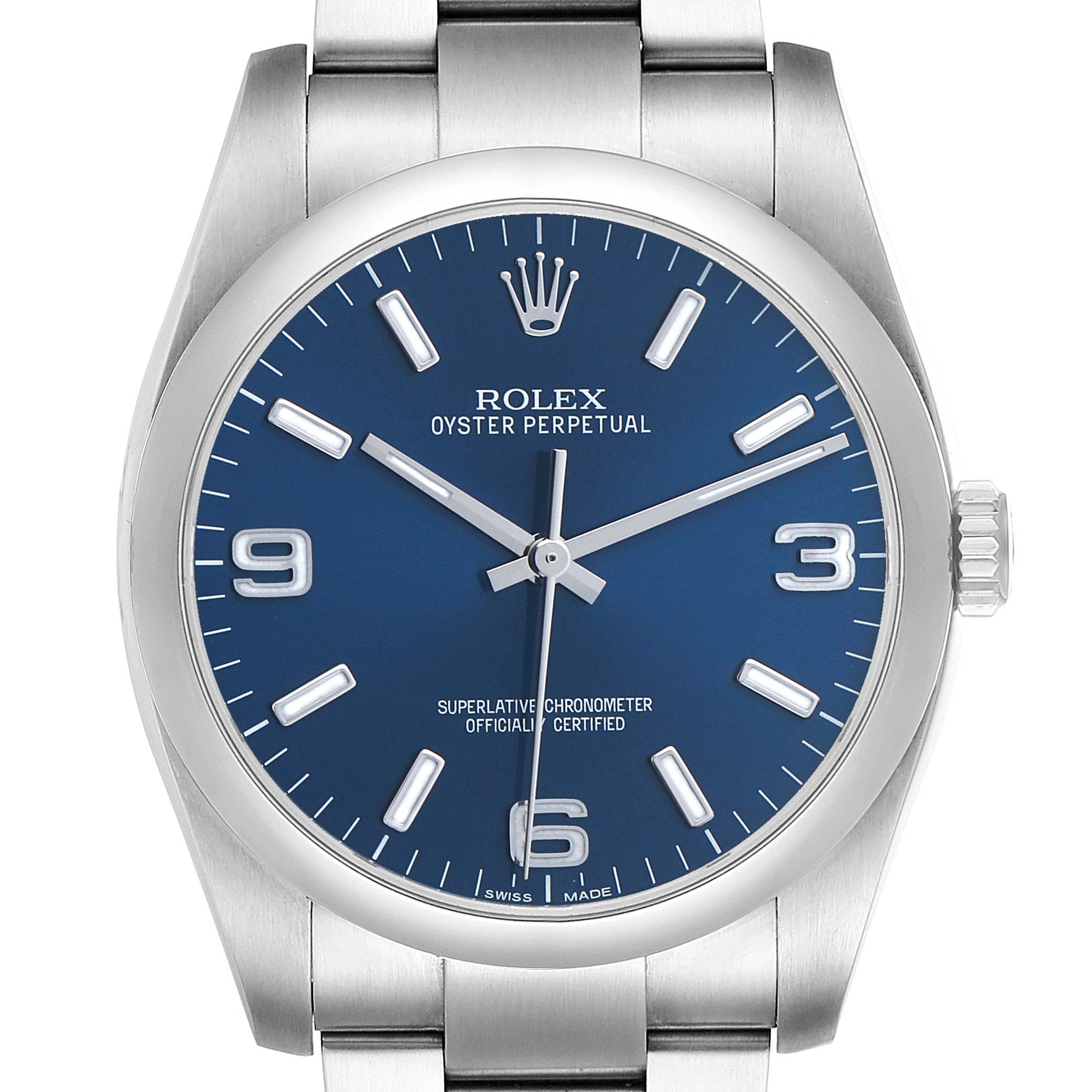 The Rolex Oyster Perpetual 116000 Men's Stainless Steel Blue Dial watch is shown from the front, highlighting the blue dial, indices, hands, and bracelet.