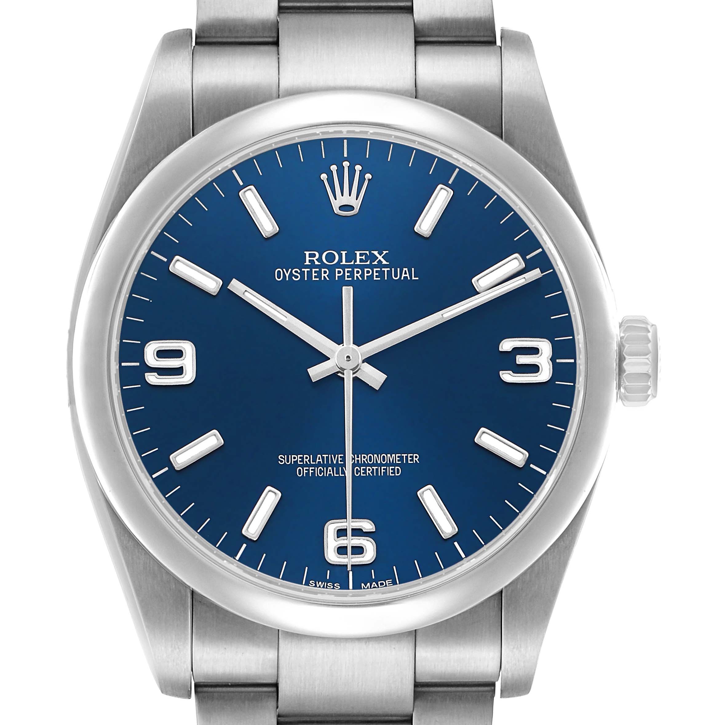 The Rolex Oyster Perpetual 116000 Men's Stainless Steel Blue Dial watch is shown from the front, highlighting its blue dial, hour markers, hands, and part of the bracelet.