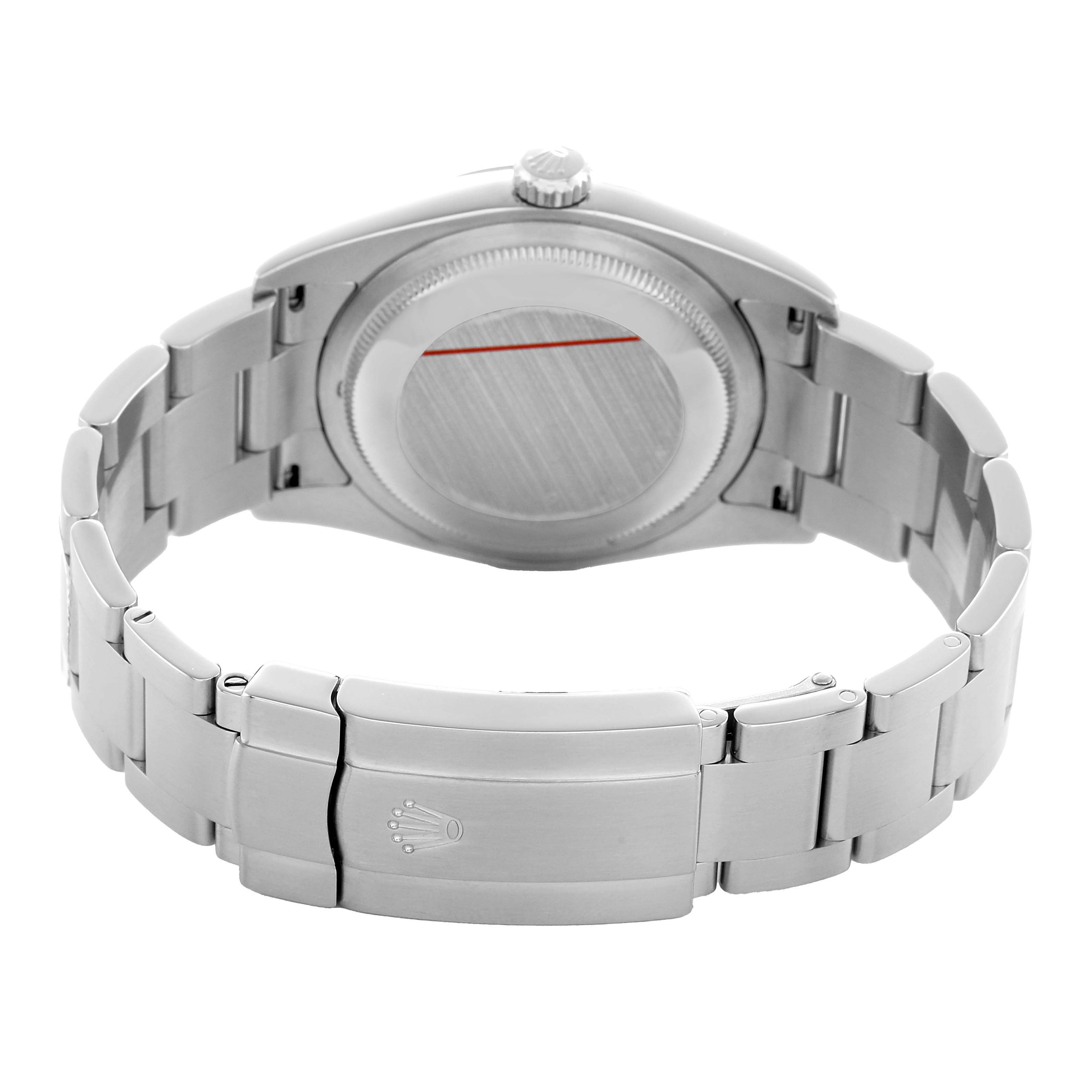 The image shows the back and bracelet of a Rolex Oyster Perpetual 116000 Men's Stainless Steel Blue Dial watch, highlighting the clasp and case back.