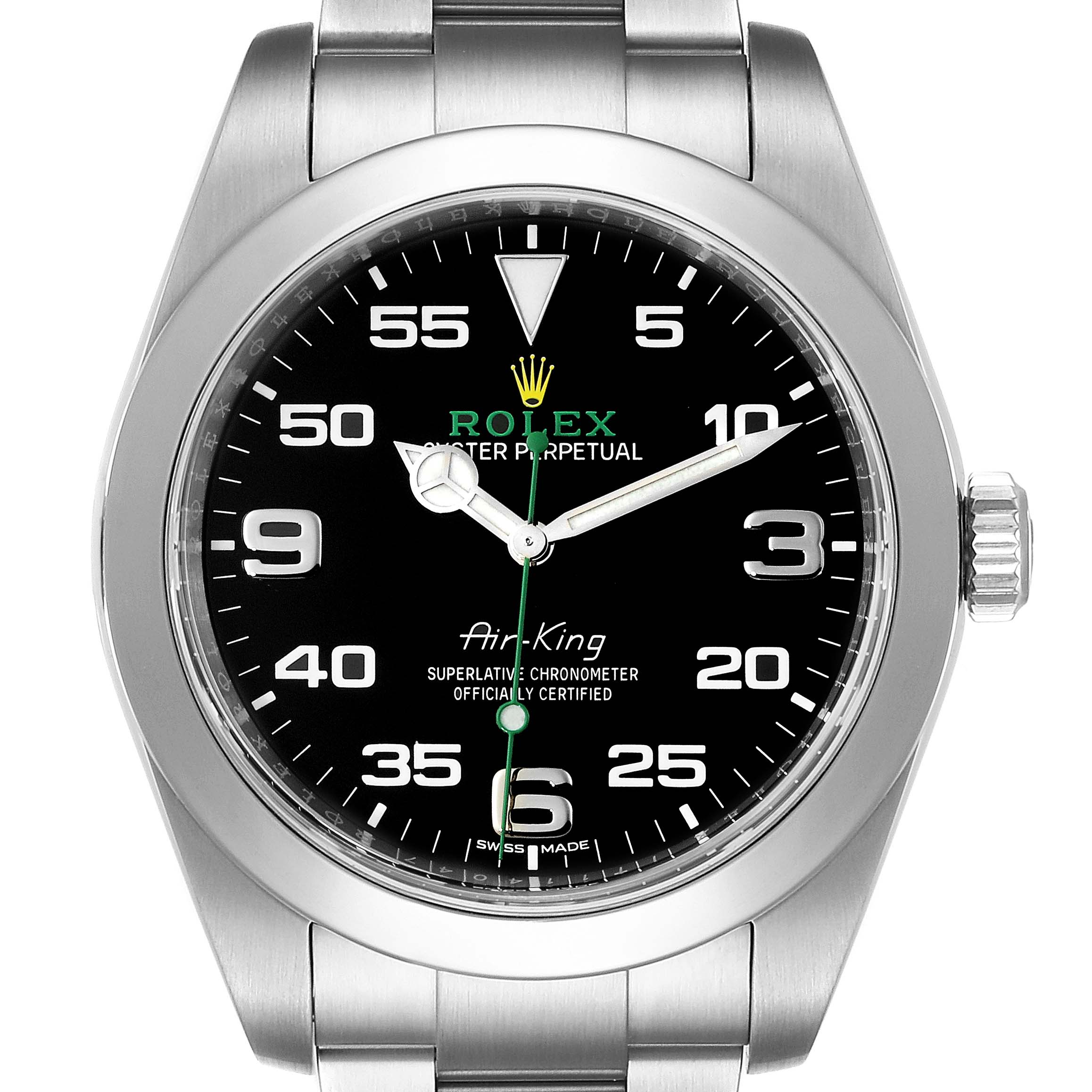 The image shows a front view of the Rolex Air-King 116900 Men's Stainless Steel Black Dial 116900 Men's Stainless Steel Black Dial watch, highlighting its black dial, numerical markers, and stainless steel bracelet.