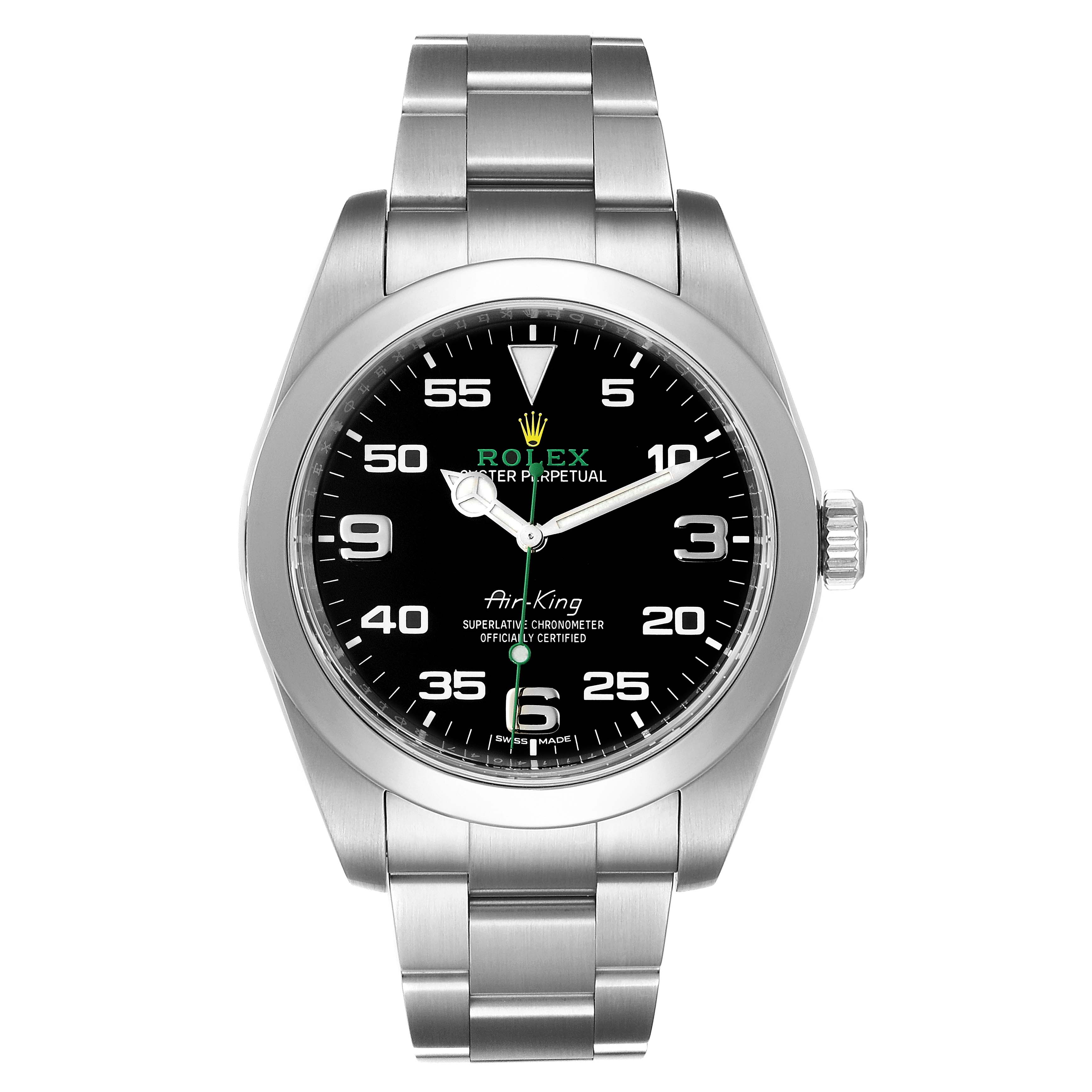 The image shows a frontal view of the Rolex Air-King 116900 Men's Stainless Steel Black Dial 116900 Men's Stainless Steel Black Dial watch, highlighting the dial, bezel, and bracelet.