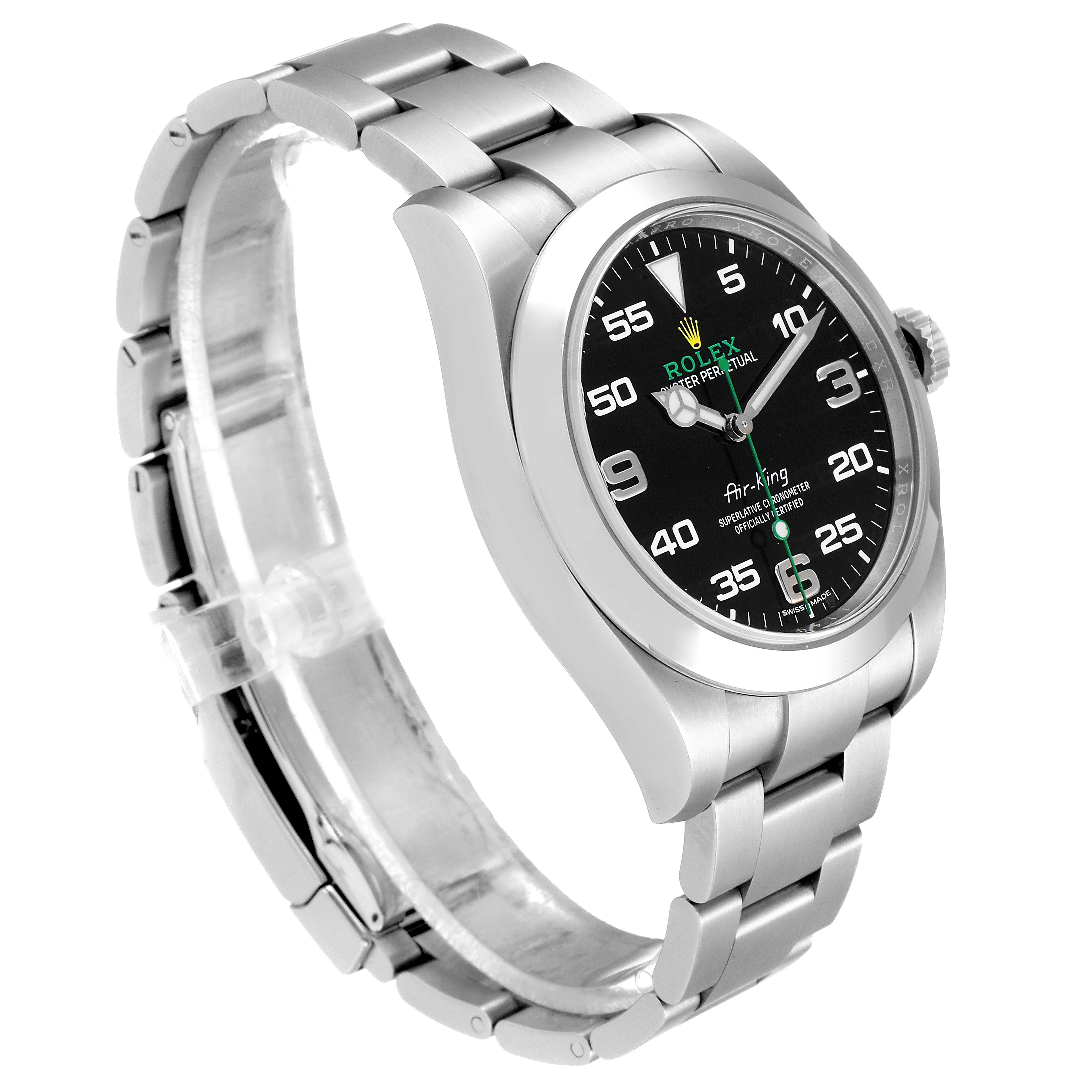The Rolex Air-King 116900 Men's Stainless Steel Black Dial 116900 Men's Stainless Steel Black Dial watch is shown at an angled side view, highlighting its face and stainless steel bracelet.