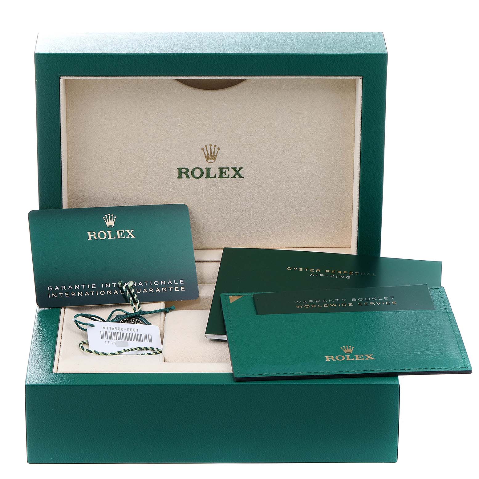 The image shows a Rolex Air-King 116900 Men's Stainless Steel Black Dial 116900 Men's Stainless Steel Black Dial watch box with warranty cards, manual booklets, and a hang tag.