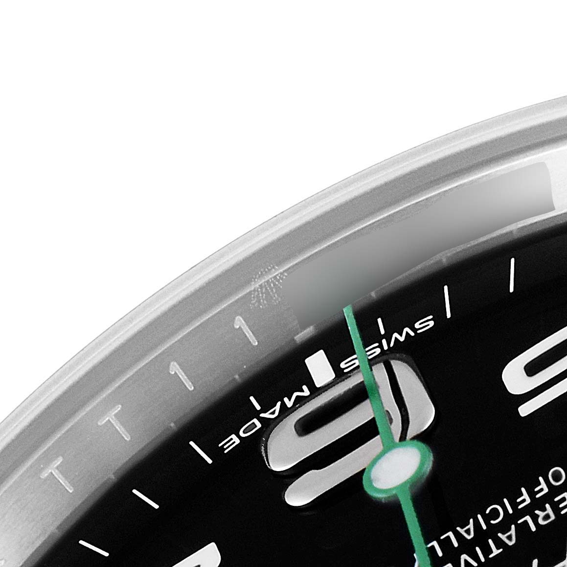 The image shows a close-up of the dial and part of the bezel of a Rolex Air-King 116900 Men's Stainless Steel Black Dial 116900 Men's Stainless Steel Black Dial watch, highlighting the "11" marker and "Swiss Made" text.