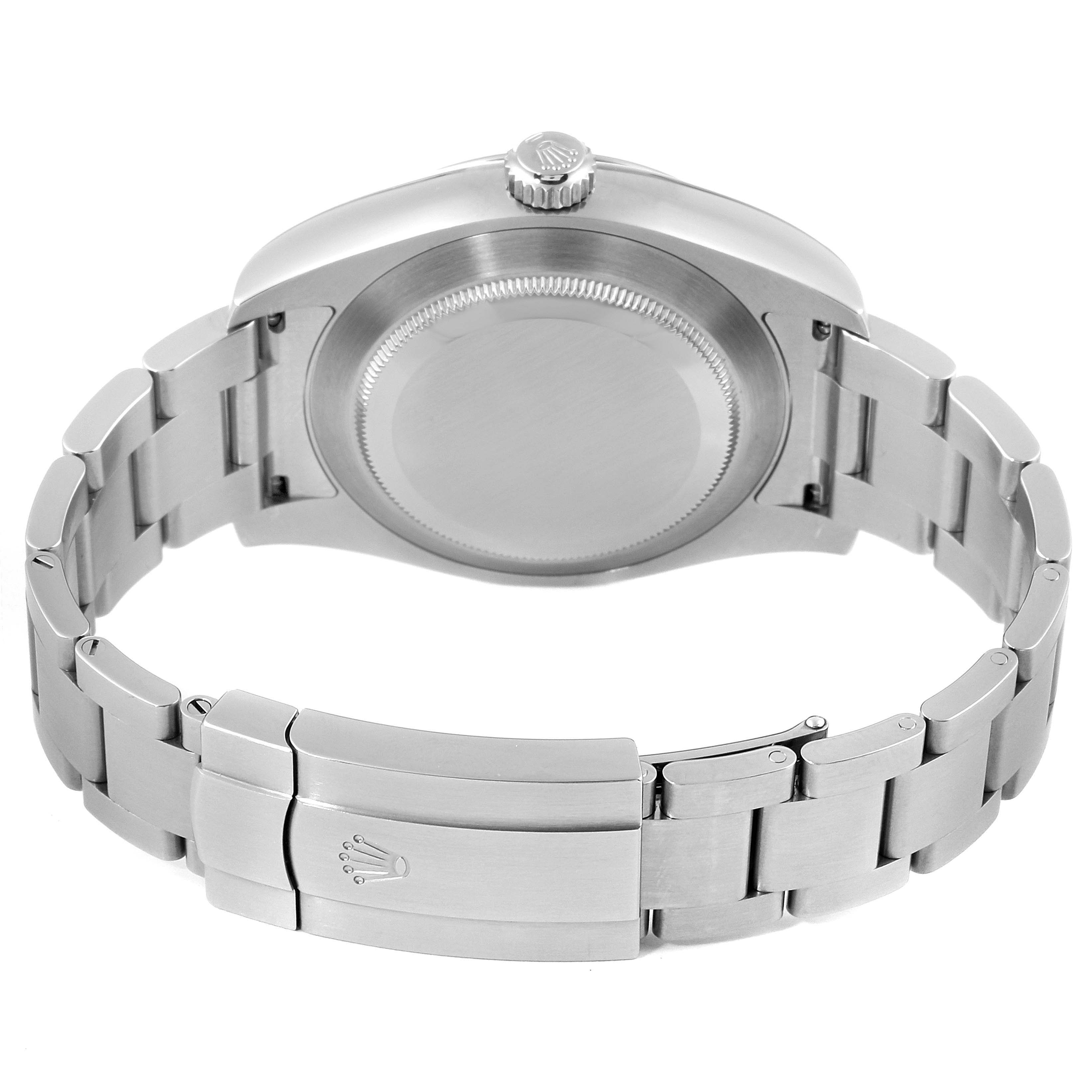 The image shows the back view of a Rolex Air-King 116900 Men's Stainless Steel Black Dial 116900 Men's Stainless Steel Black Dial watch, highlighting its bracelet, case back, and clasp.