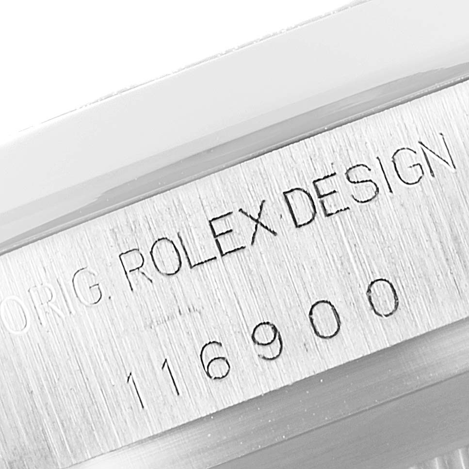 This image shows a close-up of the engraved model number "116900" on the side of a Rolex Air-King 116900 Men's Stainless Steel Black Dial 116900 Men's Stainless Steel Black Dial watch.