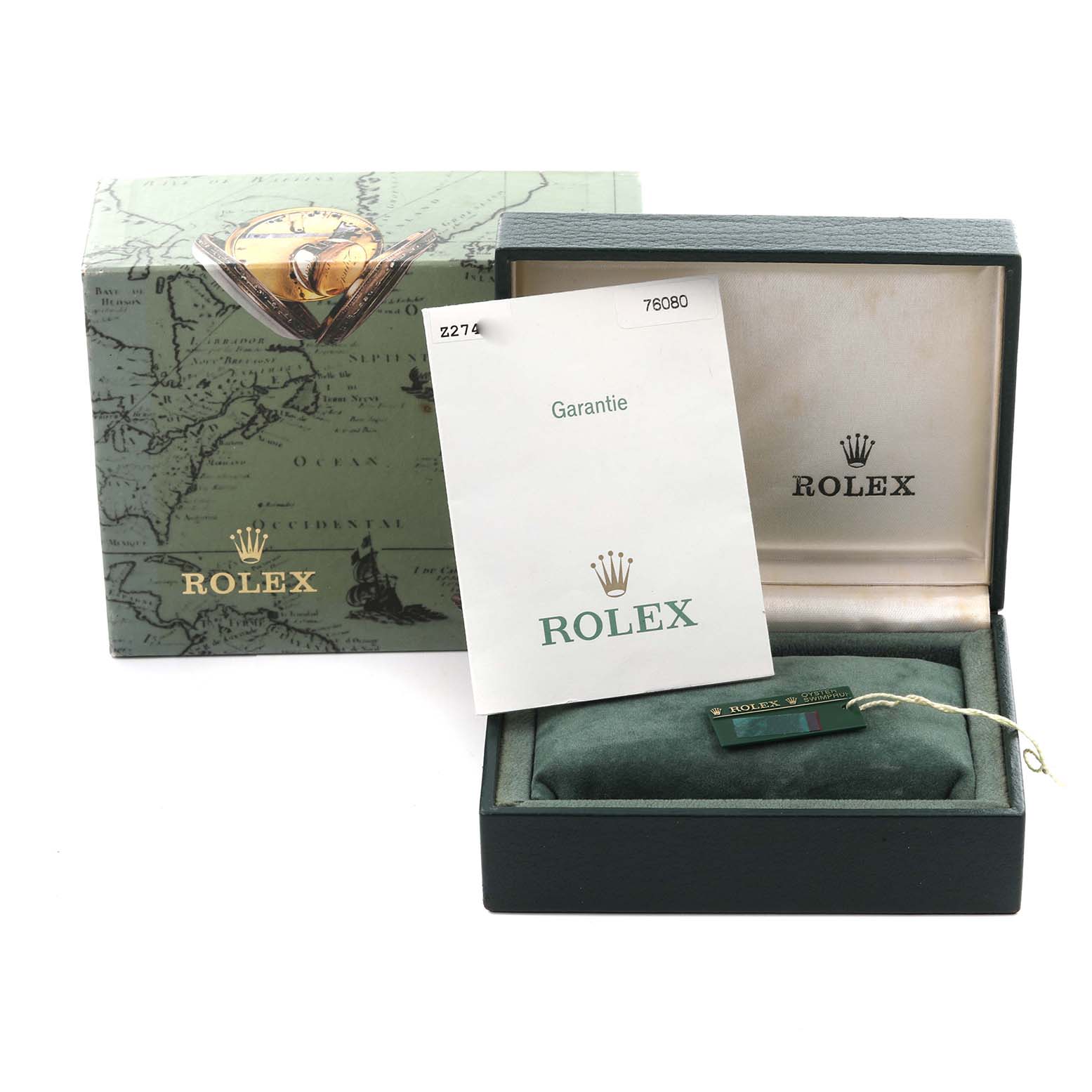 The image shows the Rolex Oyster Perpetual 76080 Women's Stainless Steel Pink Dial 76080 Women's Stainless Steel Pink Dial packaging, guarantee card, and presentation box.