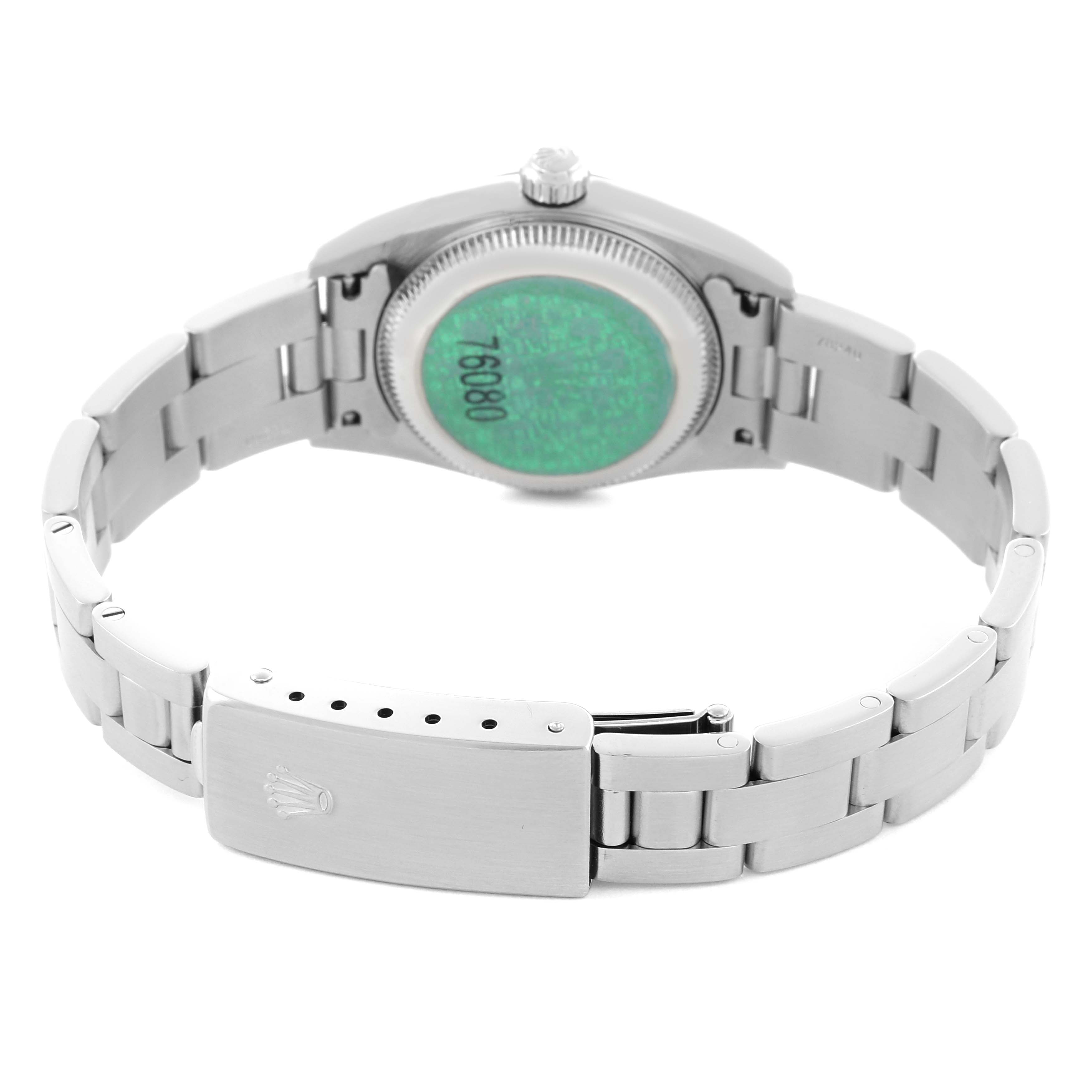 The image shows the back view of the Rolex Oyster Perpetual 76080 Women's Stainless Steel Pink Dial 76080 Women's Stainless Steel Pink Dial watch, highlighting the case back, bracelet, and clasp.