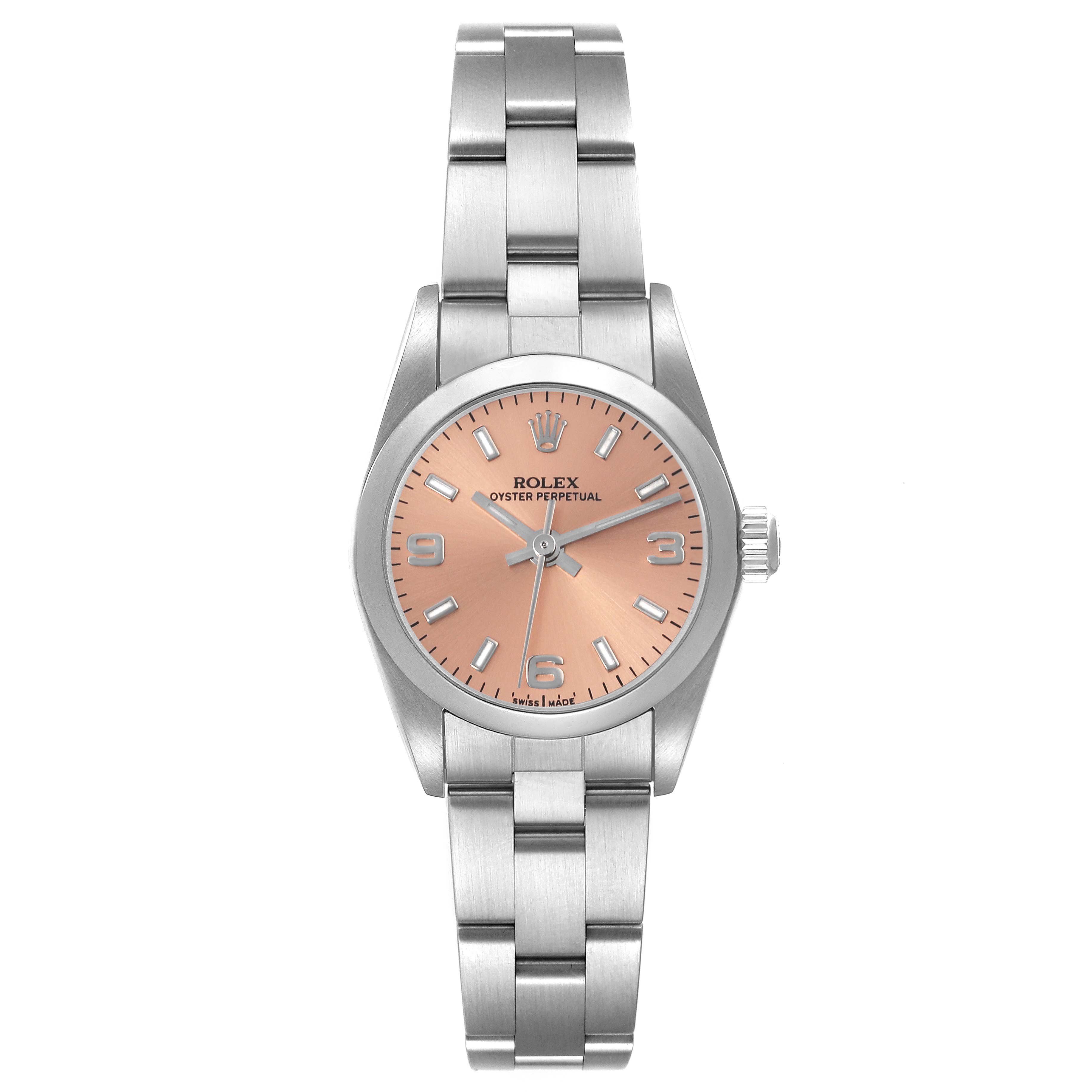 The Rolex Oyster Perpetual 76080 Women's Stainless Steel Pink Dial 76080 Women's Stainless Steel Pink Dial watch is shown from a front angle, displaying the face, bracelet, and crown.