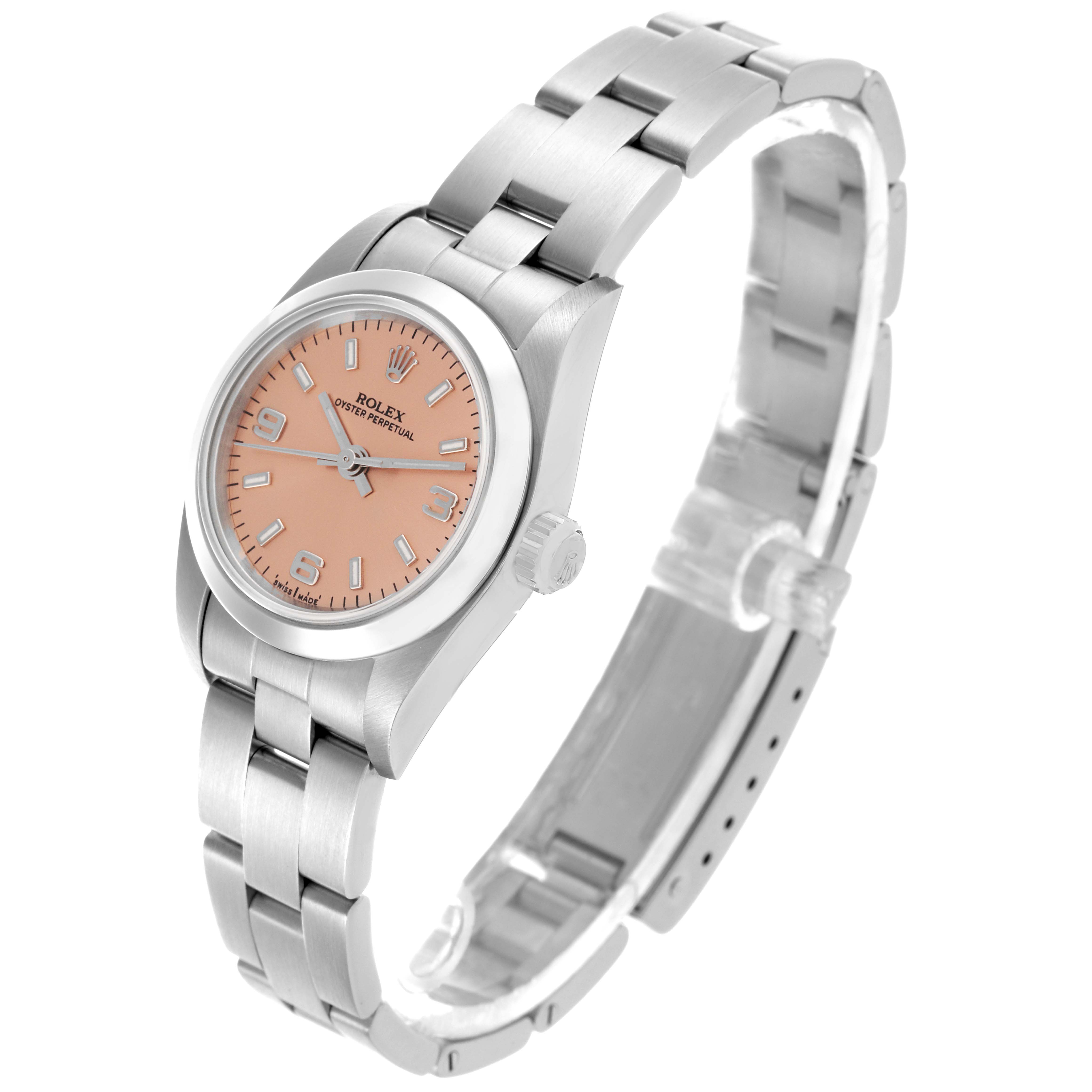 The Rolex Oyster Perpetual 76080 Women's Stainless Steel Pink Dial 76080 Women's Stainless Steel Pink Dial is shown at an angled side view, displaying the dial, bezel, crown, and bracelet.