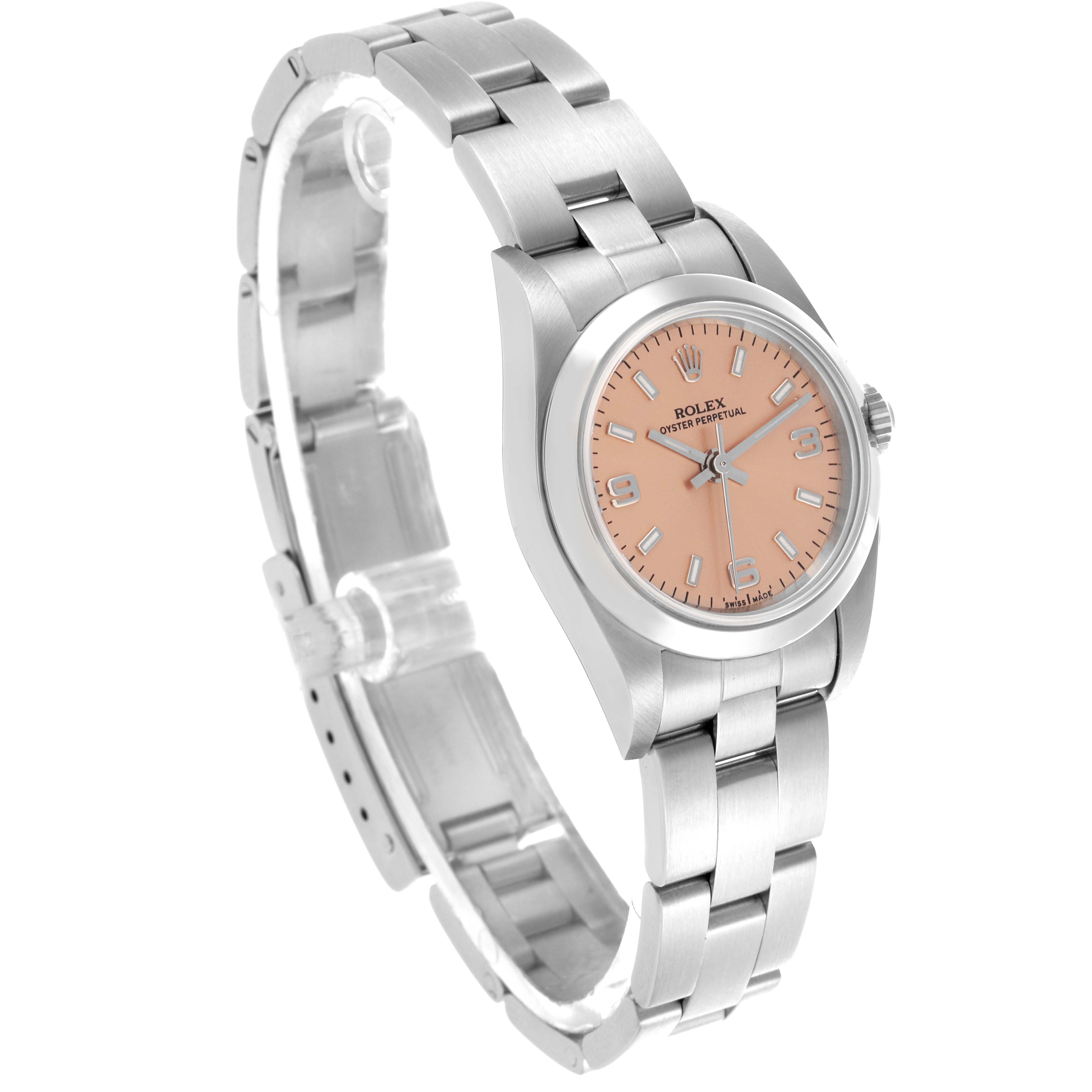 The Rolex Oyster Perpetual 76080 Women's Stainless Steel Pink Dial 76080 Women's Stainless Steel Pink Dial watch is shown at a three-quarter angle, displaying the face, bezel, and bracelet.