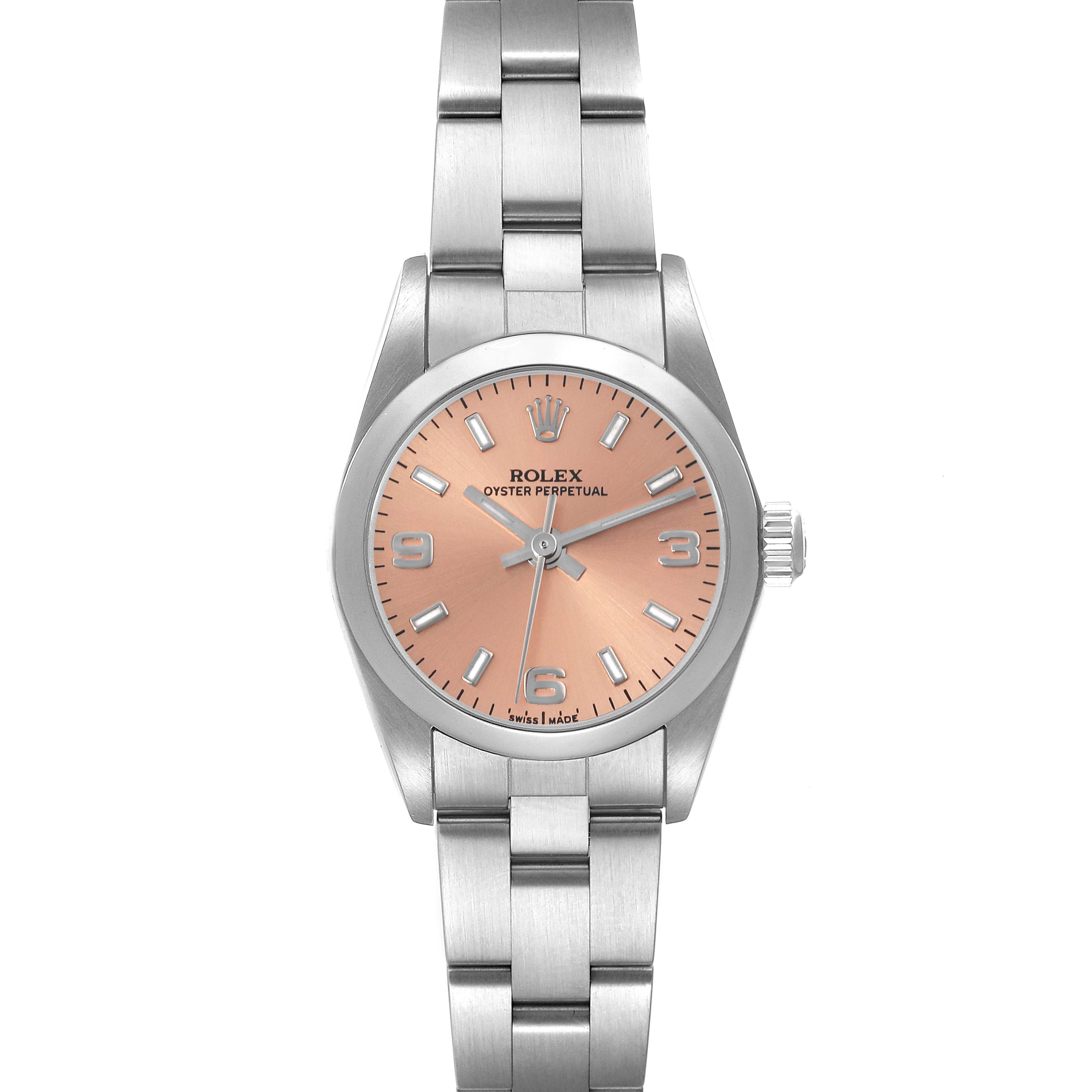 The Rolex Oyster Perpetual 76080 Women's Stainless Steel Pink Dial 76080 Women's Stainless Steel Pink Dial watch is shown from the front, highlighting the dial, bezel, and full bracelet.