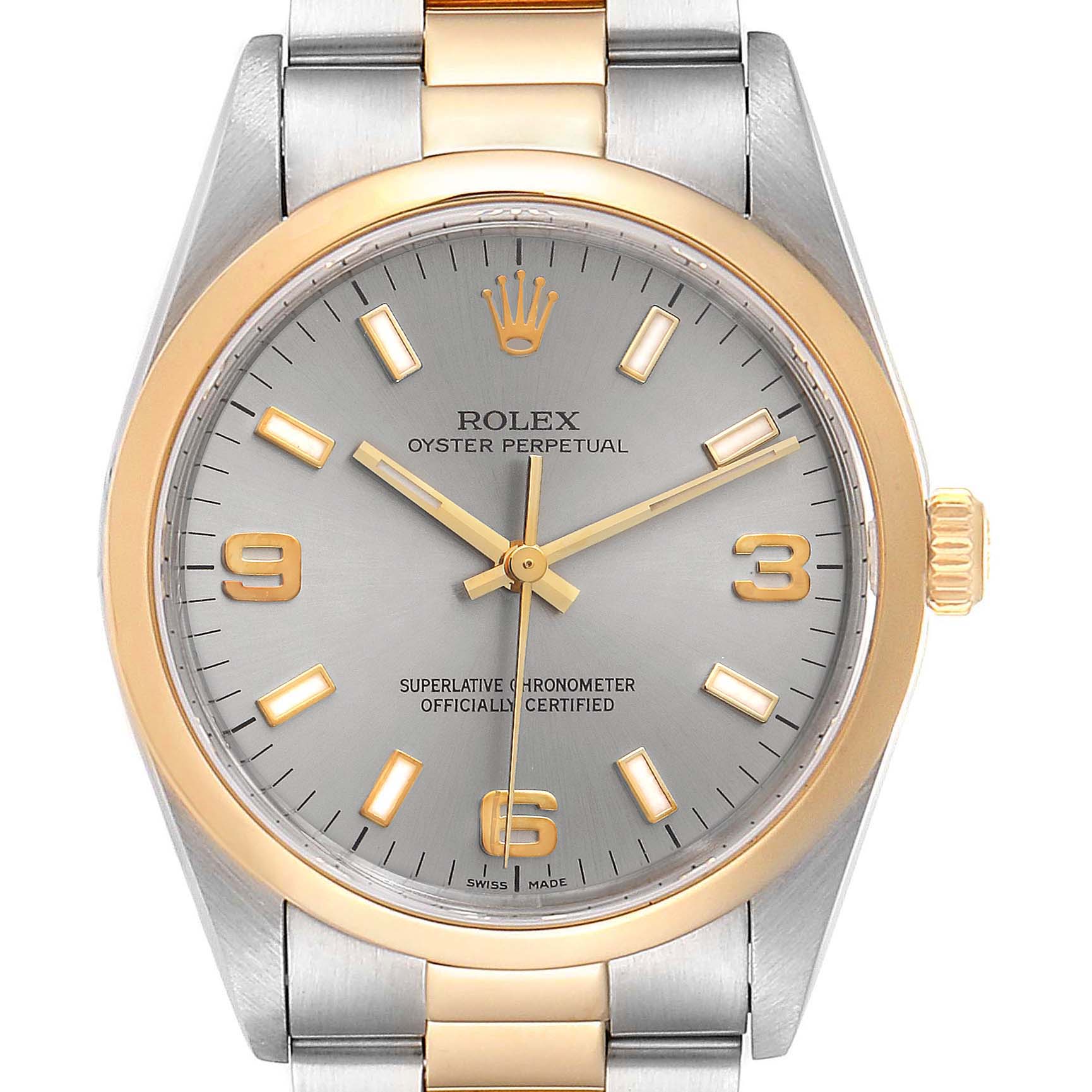 The image shows a front view of the Rolex Oyster Perpetual 14203 Men's Steel and Gold (two tone) Grey Dial 14203 Men's Steel and Gold (two tone) Grey Dial watch, highlighting its dial, hands, hour markers, and part of the bracelet.
