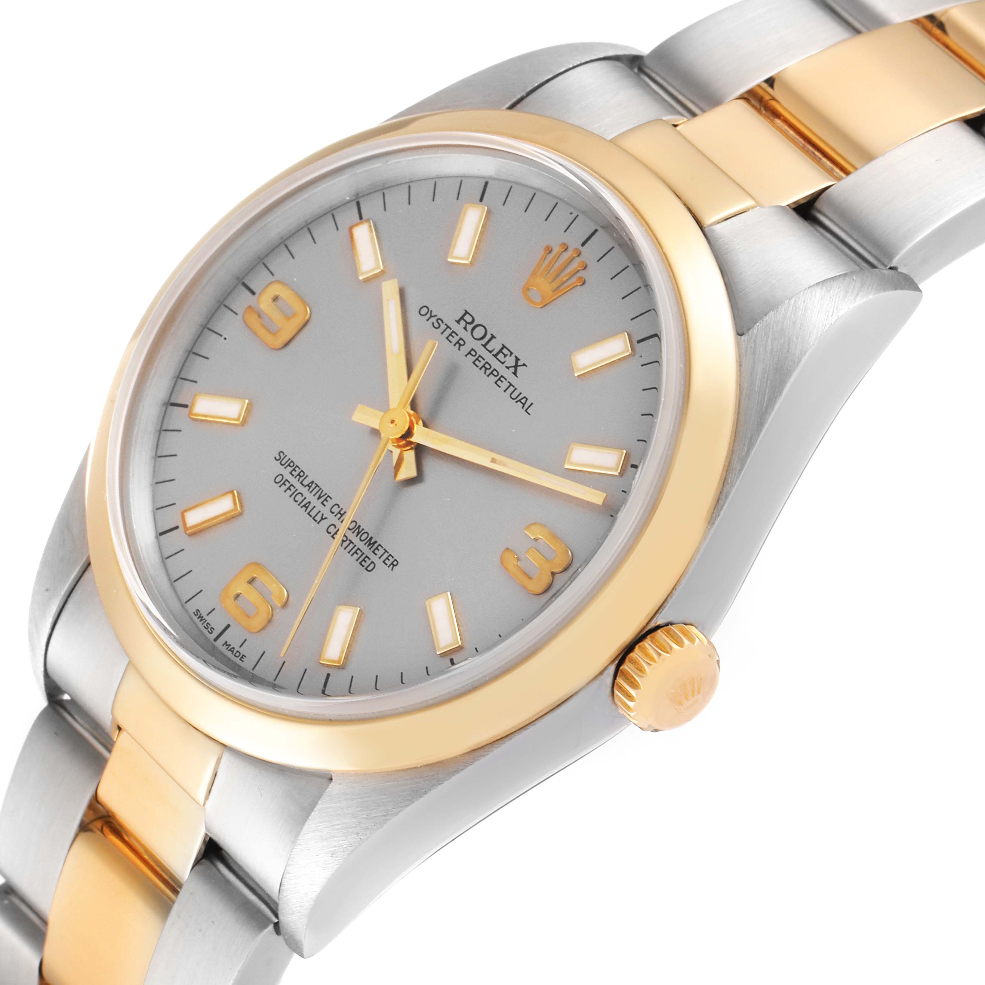 This image shows a close-up angle of a Rolex Oyster Perpetual 14203 Men's Steel and Gold (two tone) Grey Dial 14203 Men's Steel and Gold (two tone) Grey Dial watch, highlighting the watch face, bezel, and bracelet.