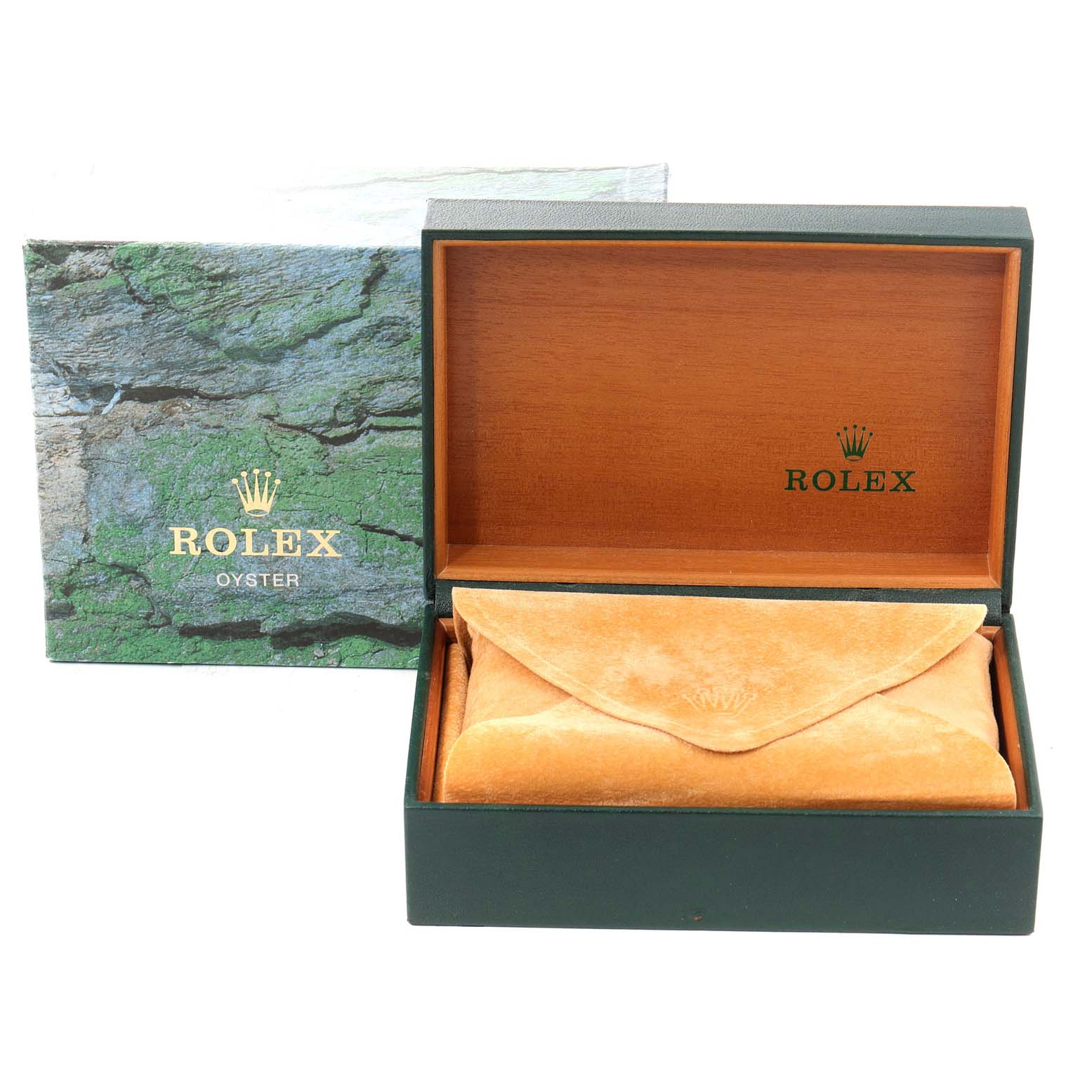 The image shows the packaging of a Rolex Oyster Perpetual 14203 Men's Steel and Gold (two tone) Grey Dial 14203 Men's Steel and Gold (two tone) Grey Dial, including an outer box, an inner wooden box, and a suede pouch.