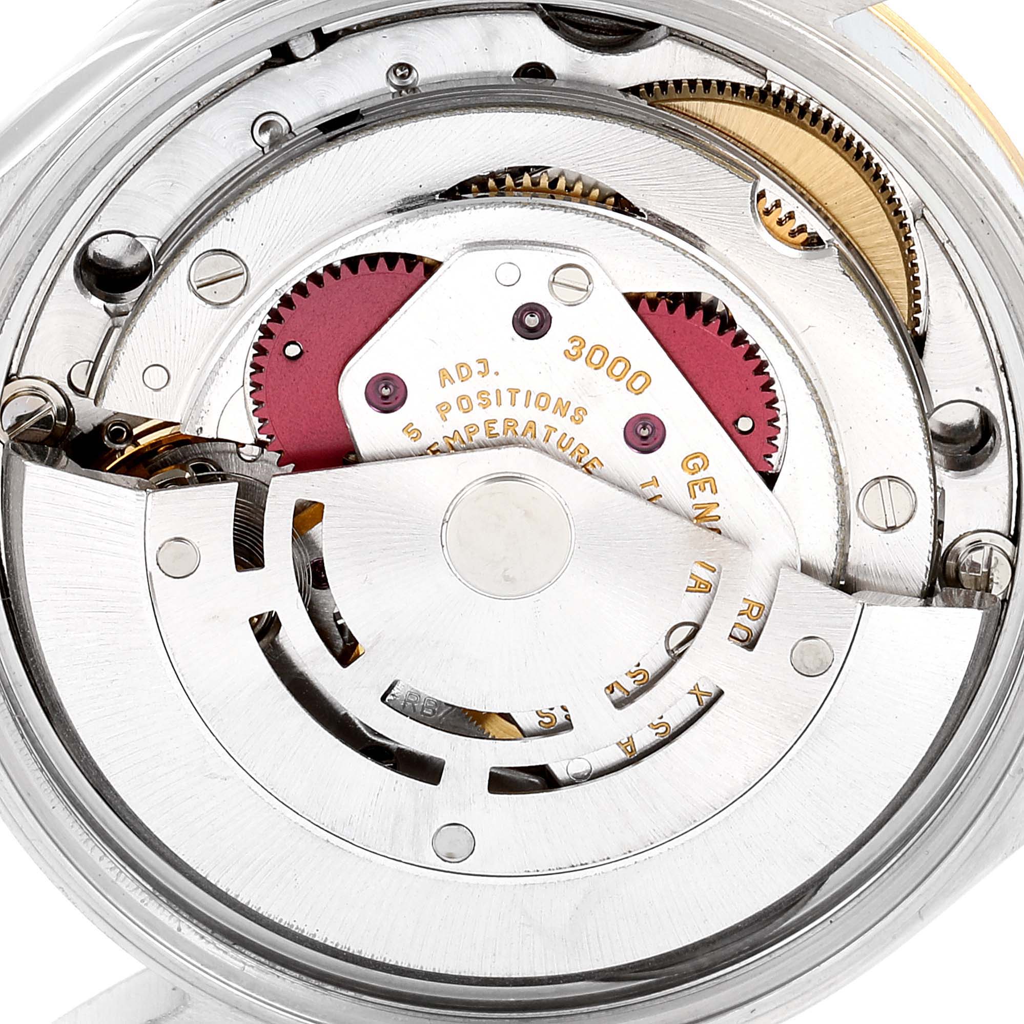 This image shows the internal mechanism of a Rolex Oyster Perpetual 14203 Men's Steel and Gold (two tone) Grey Dial 14203 Men's Steel and Gold (two tone) Grey Dial watch, focusing on the movement parts.