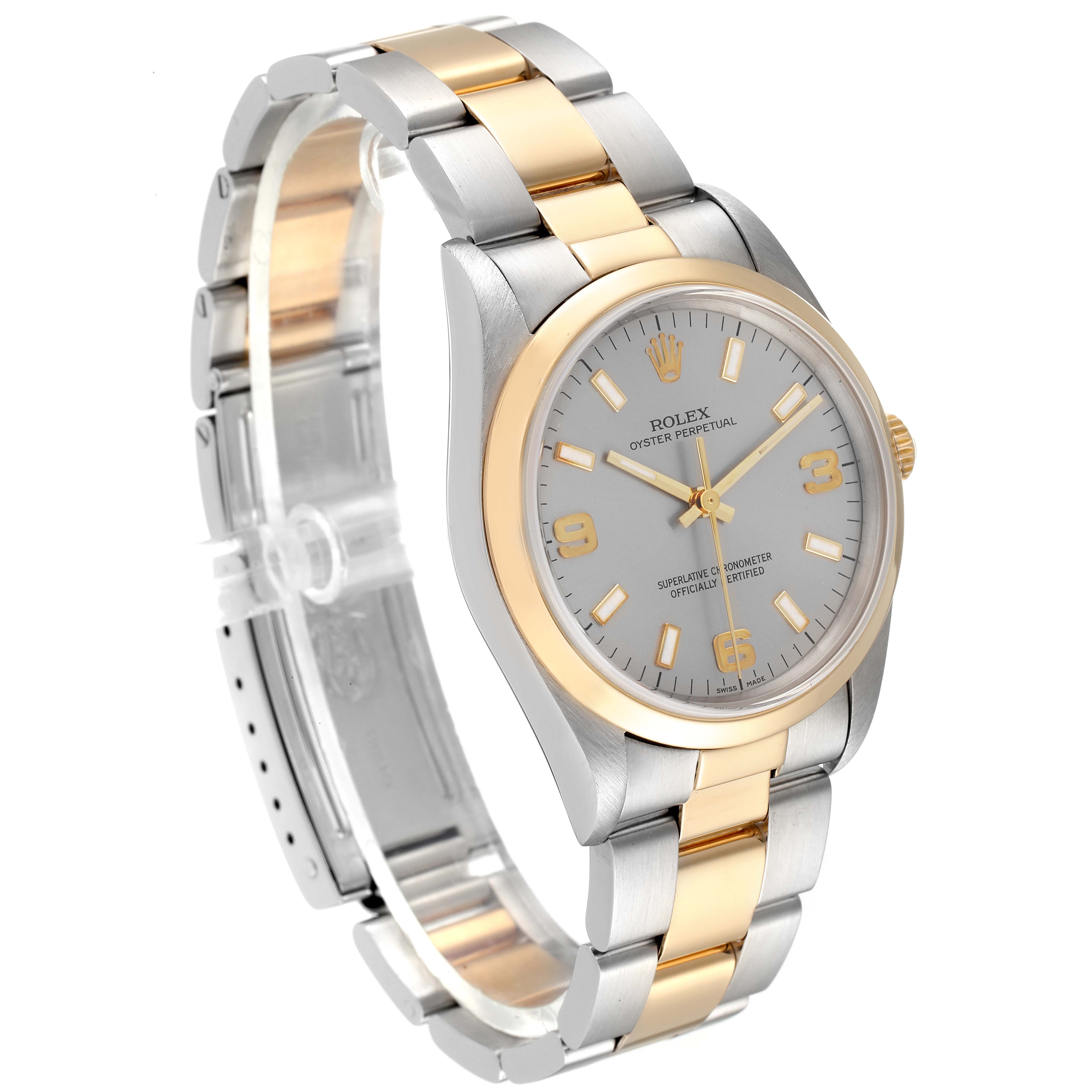The image shows a Rolex Oyster Perpetual 14203 Men's Steel and Gold (two tone) Grey Dial 14203 Men's Steel and Gold (two tone) Grey Dial watch at a front-side angle, displaying the face, bezel, and part of the bracelet.