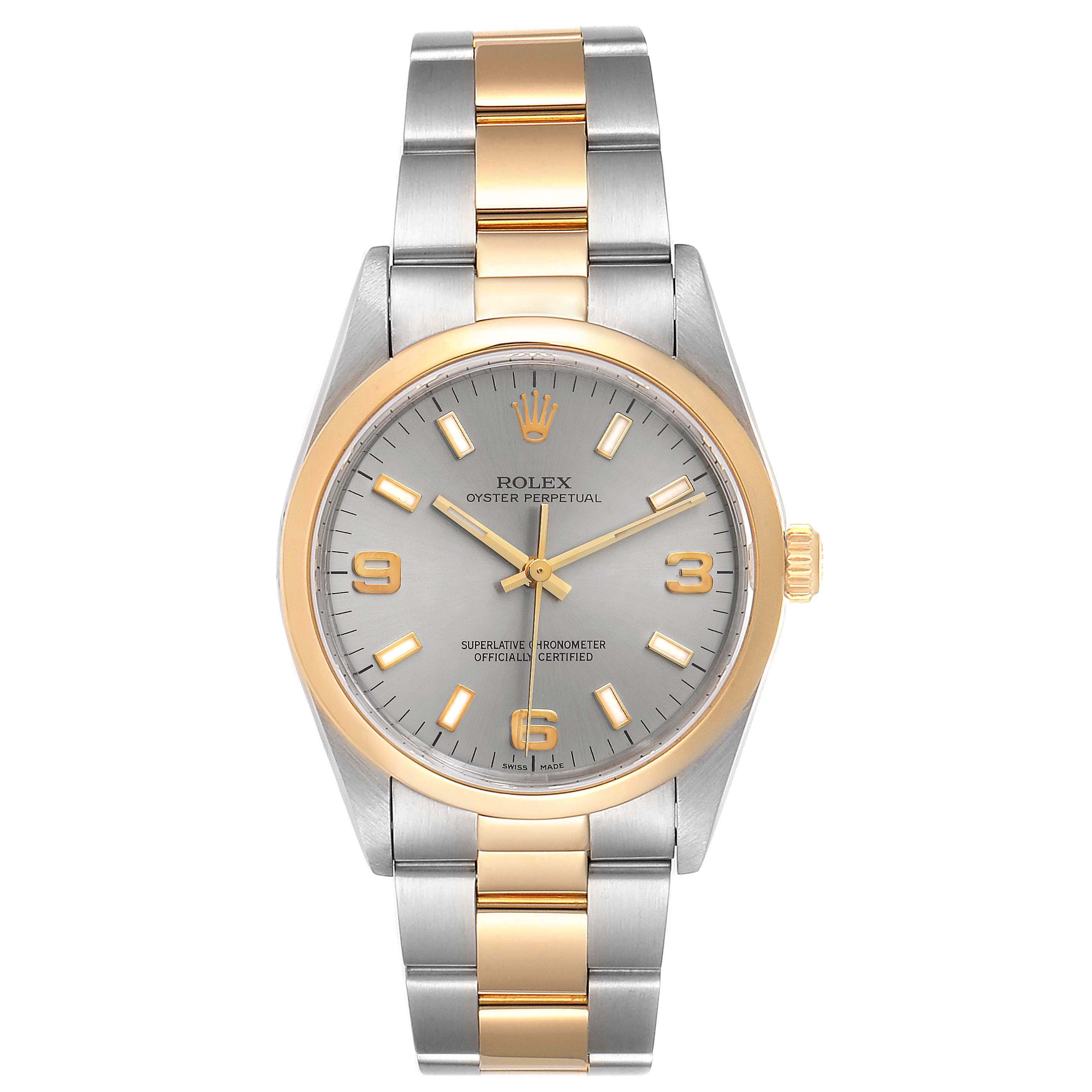 This image shows a front view of the Rolex Oyster Perpetual 14203 Men's Steel and Gold (two tone) Grey Dial 14203 Men's Steel and Gold (two tone) Grey Dial watch, featuring a silver and gold bracelet and dial.