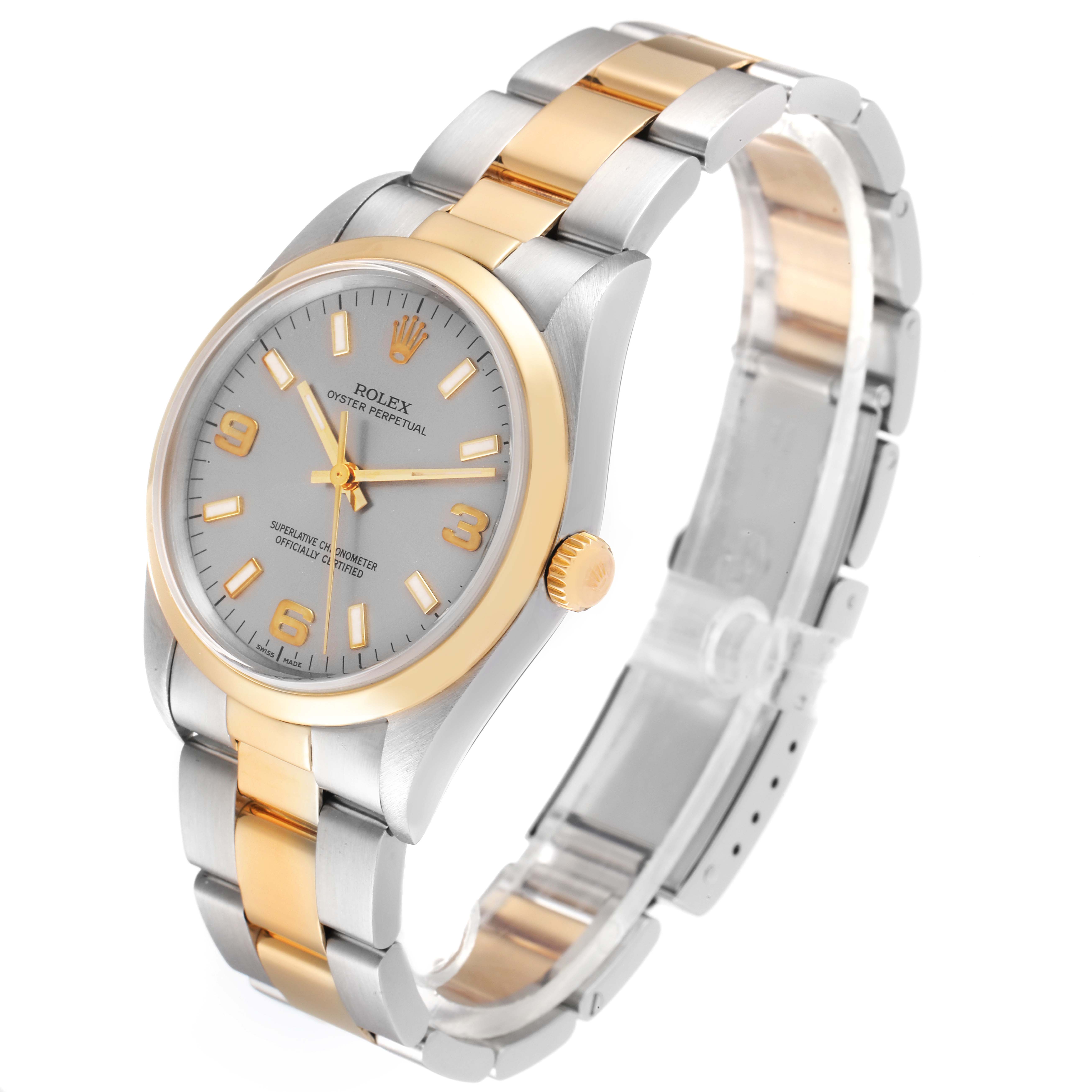 The Rolex Oyster Perpetual 14203 Men's Steel and Gold (two tone) Grey Dial 14203 Men's Steel and Gold (two tone) Grey Dial watch is shown at a three-quarter angle, displaying the dial, bezel, case, and bracelet.