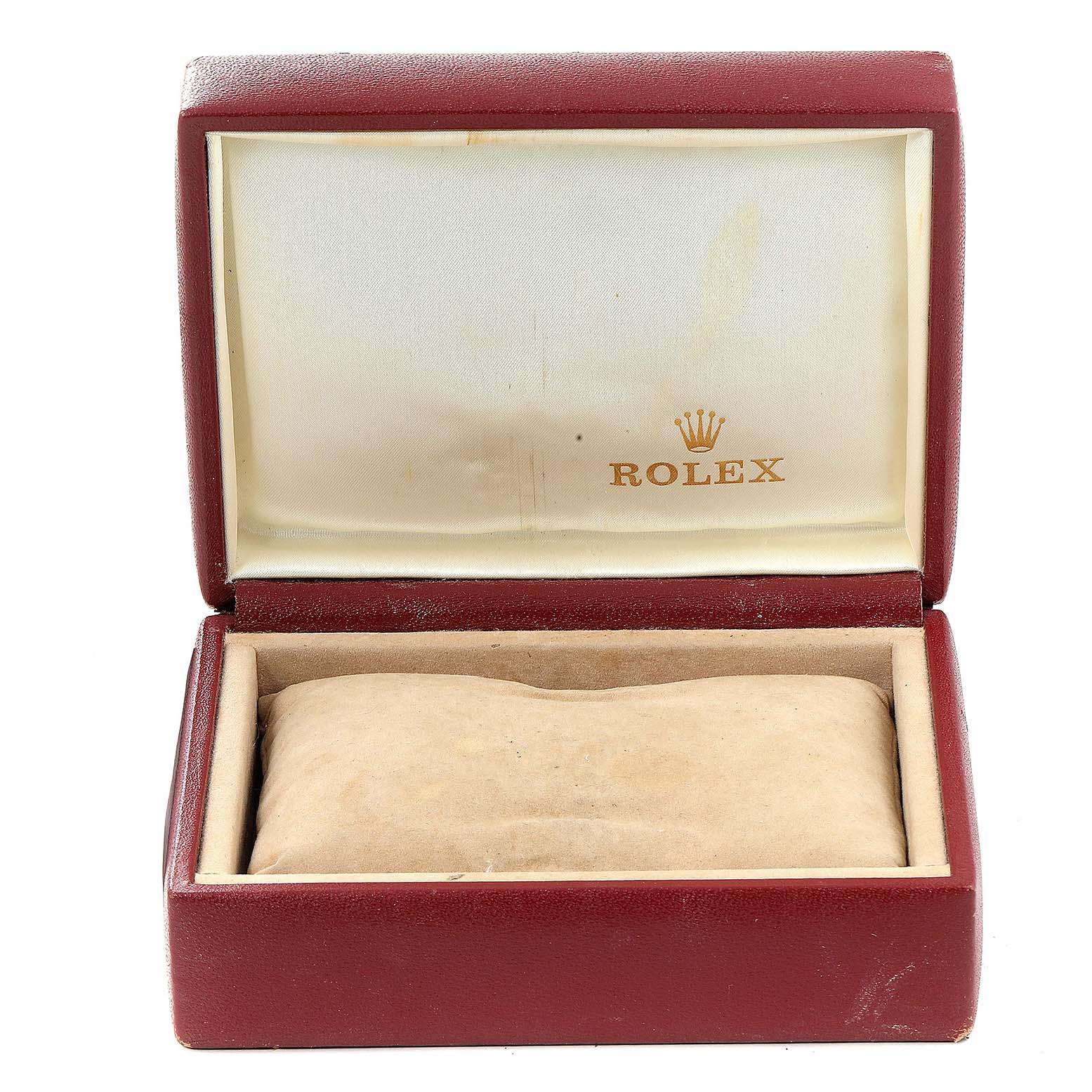 This is a front-facing view of an empty Rolex watch box, likely for an Oyster Perpetual model.