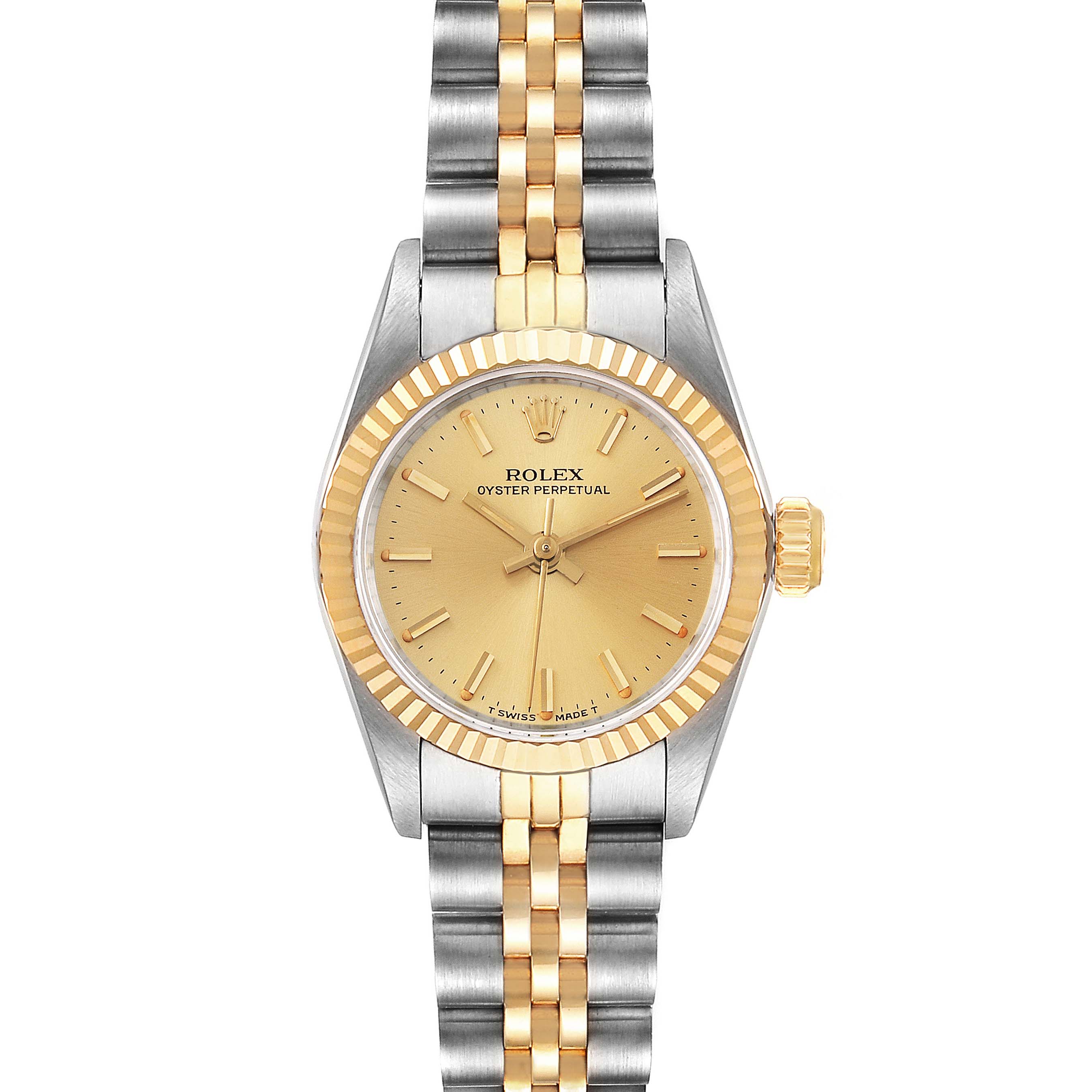 The image shows a front view of a Rolex Oyster Perpetual 67193 Women's Steel and Gold (two tone) Champagne Dial 67193 Women's Steel and Gold (two tone) Champagne Dial watch with a two-tone bracelet and gold dial.