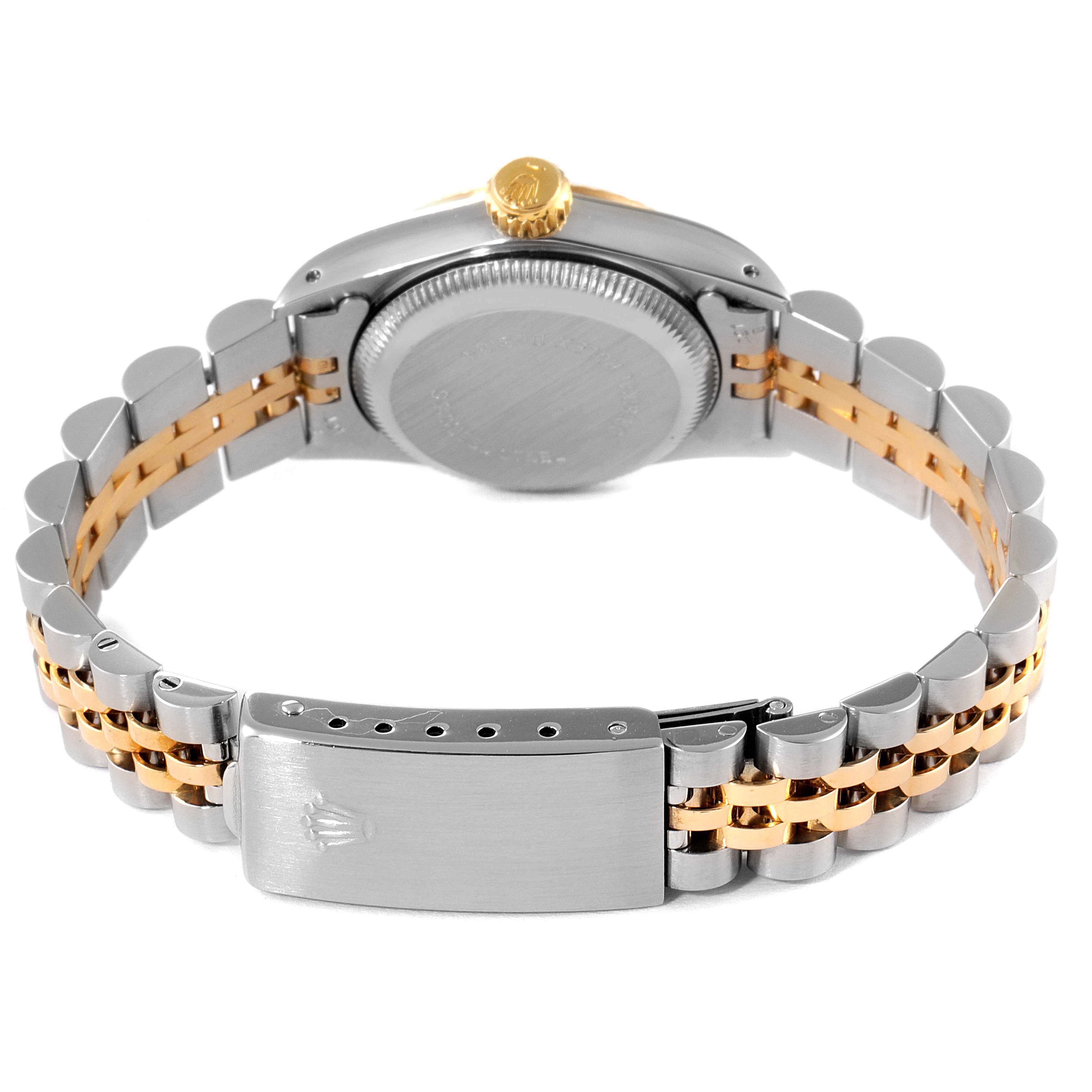 The image shows the back of the Rolex Oyster Perpetual 67193 Women's Steel and Gold (two tone) Champagne Dial 67193 Women's Steel and Gold (two tone) Champagne Dial watch, focusing on the caseback and the two-tone metal bracelet.