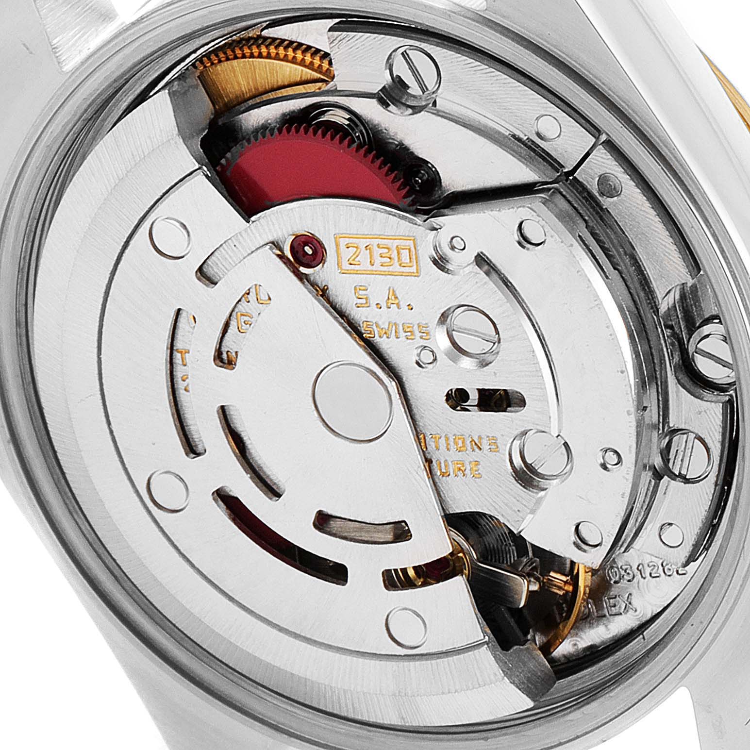 This image shows the intricate internal mechanism of a Rolex Oyster Perpetual 67193 Women's Steel and Gold (two tone) Champagne Dial 67193 Women's Steel and Gold (two tone) Champagne Dial watch from the back.