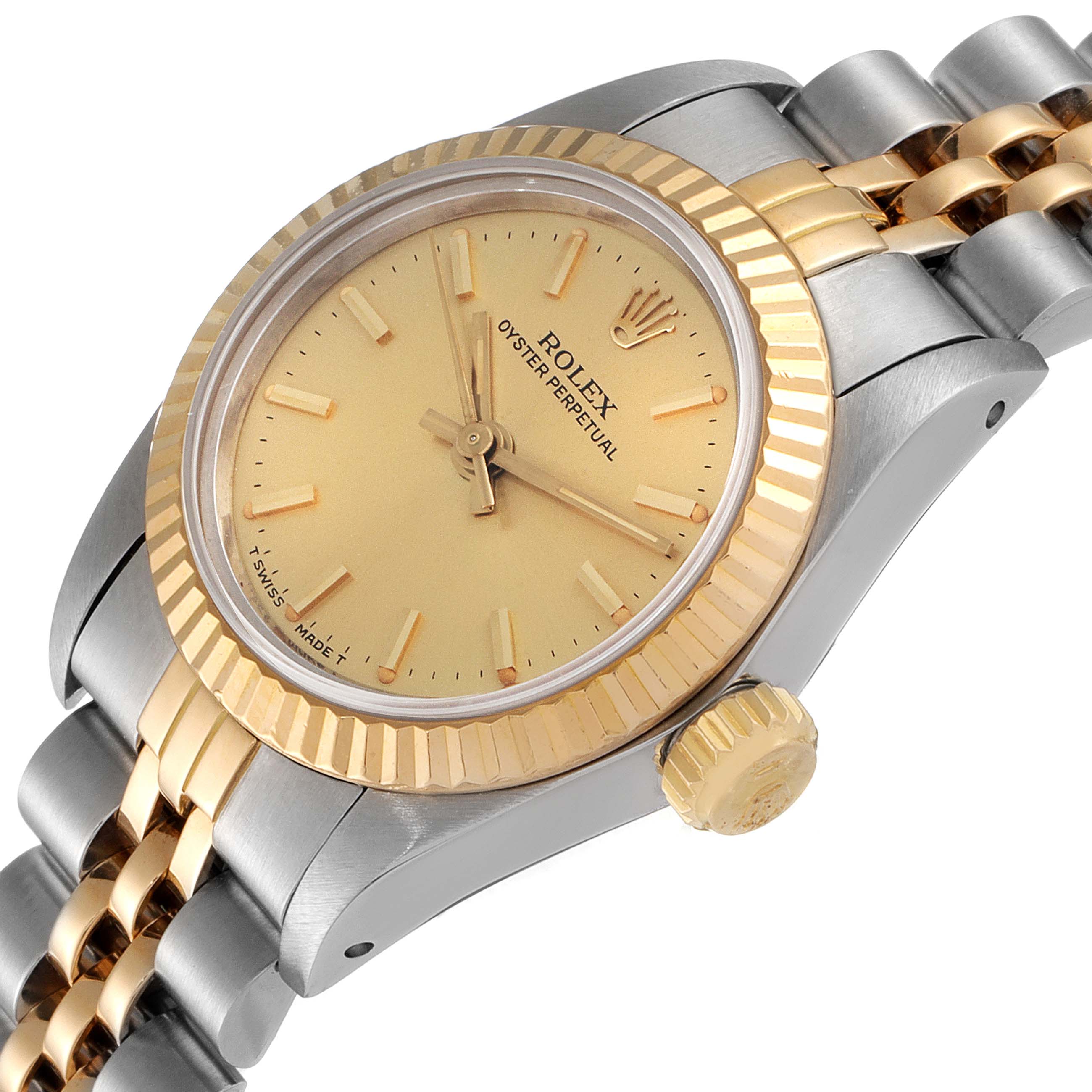 The image shows a close-up angled view of a Rolex Oyster Perpetual 67193 Women's Steel and Gold (two tone) Champagne Dial 67193 Women's Steel and Gold (two tone) Champagne Dial watch, highlighting its dial, bezel, crown, and bracelet.