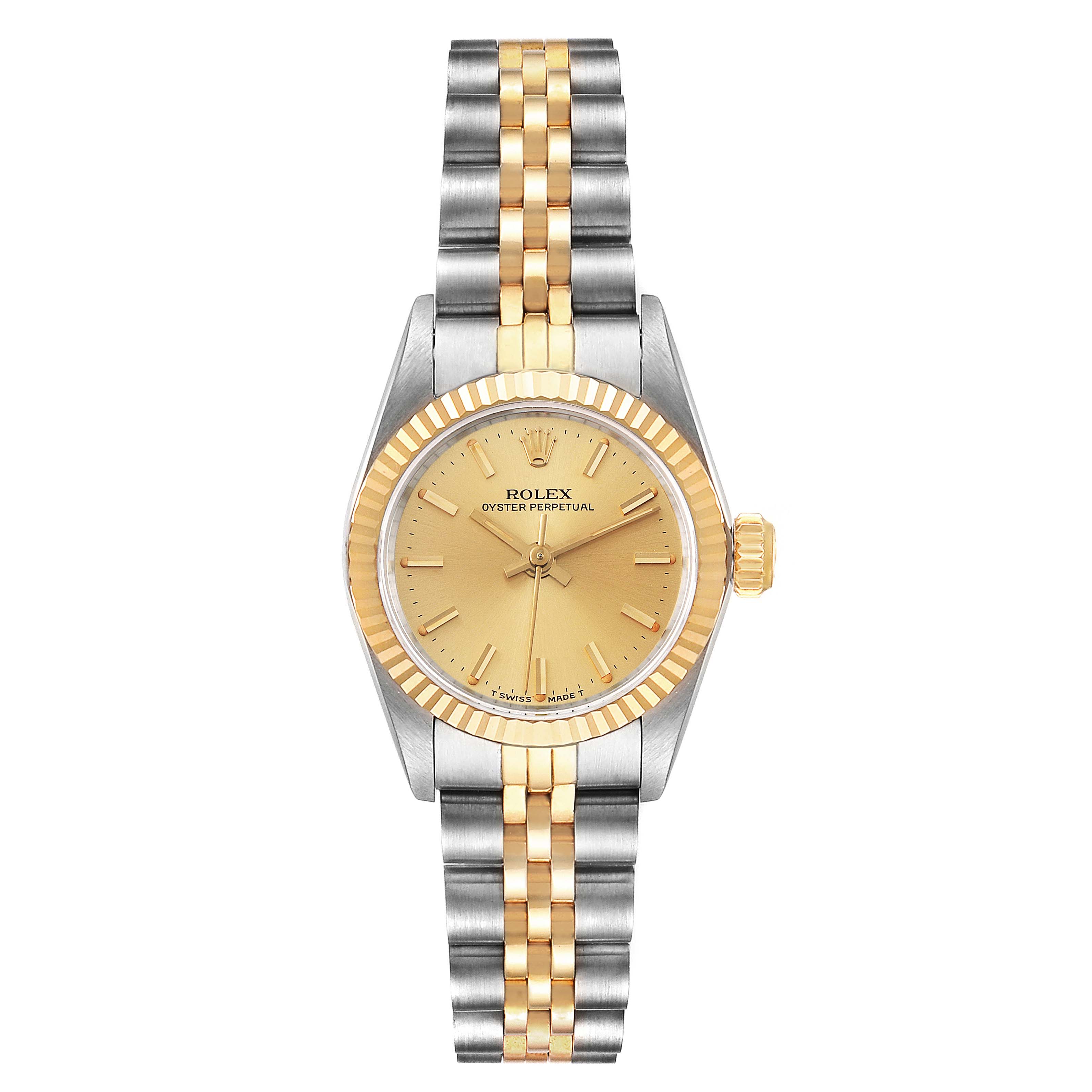 The Rolex Oyster Perpetual 67193 Women's Steel and Gold (two tone) Champagne Dial 67193 Women's Steel and Gold (two tone) Champagne Dial watch is shown from a top-down angle, displaying its face, bezel, and two-tone bracelet.