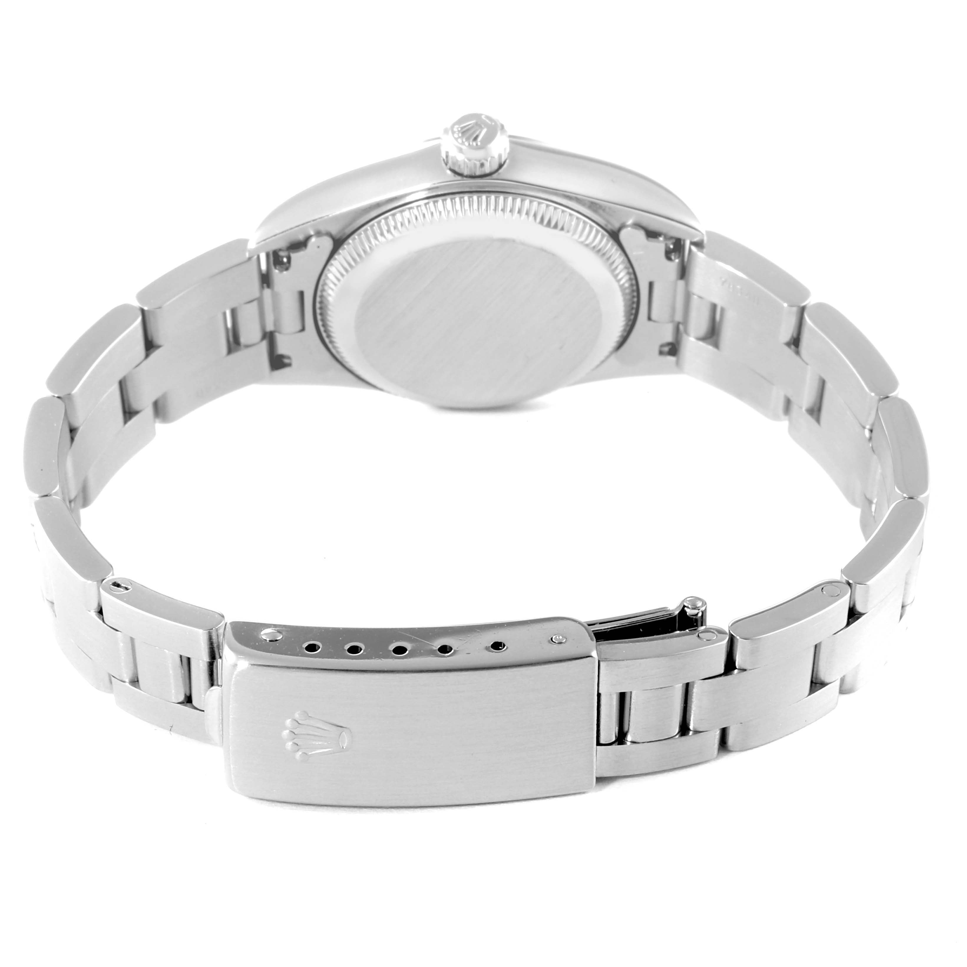 This image shows the back view of a Rolex Oyster Perpetual 76080 Women
s Stainless Steel Pink Dial 76080 Women
s Stainless Steel Pink Dial watch, highlighting its clasp, bracelet, and case back.