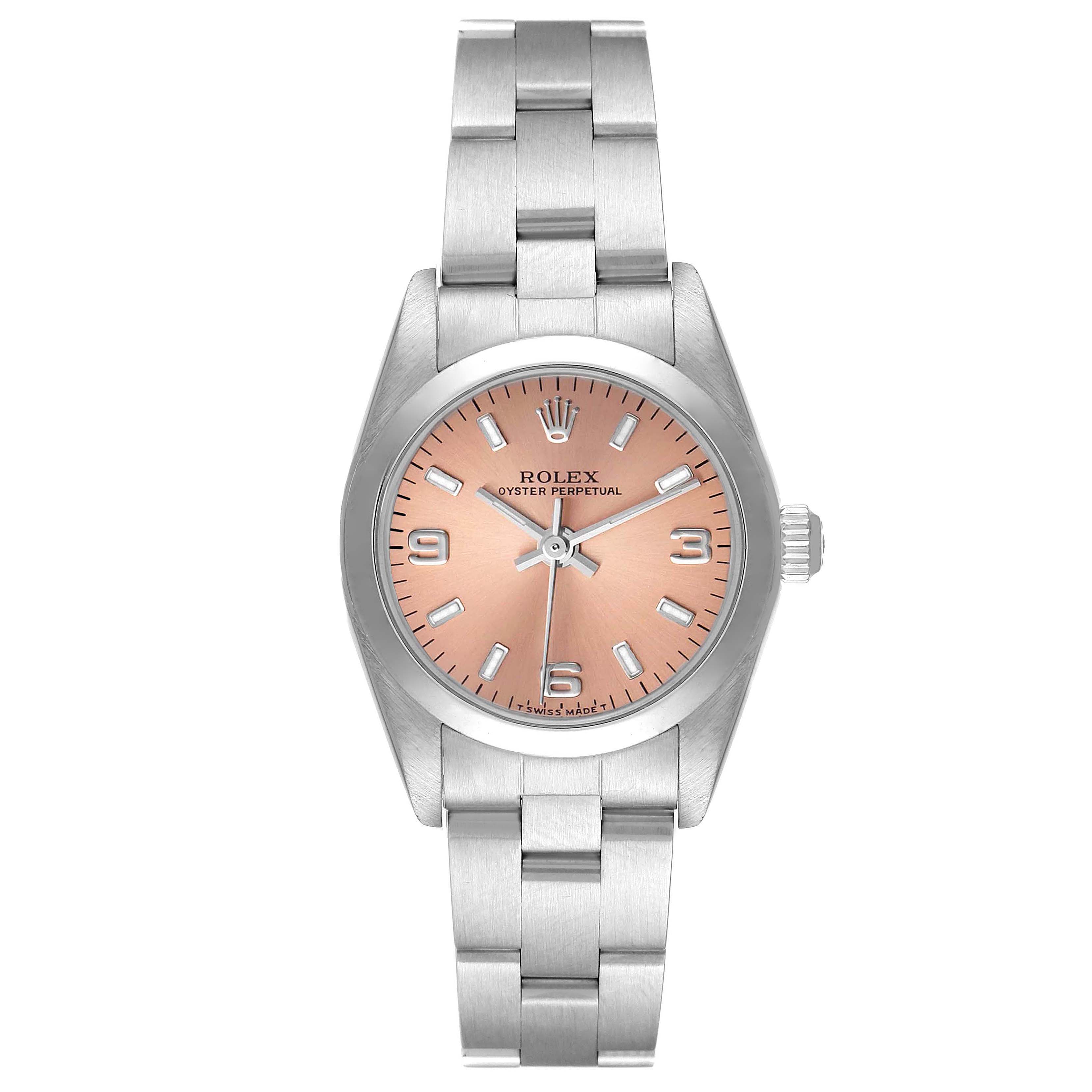 This image shows a Rolex Oyster Perpetual 76080 Women
s Stainless Steel Pink Dial 76080 Women
s Stainless Steel Pink Dial watch from a front angle, highlighting the dial, case, and bracelet.