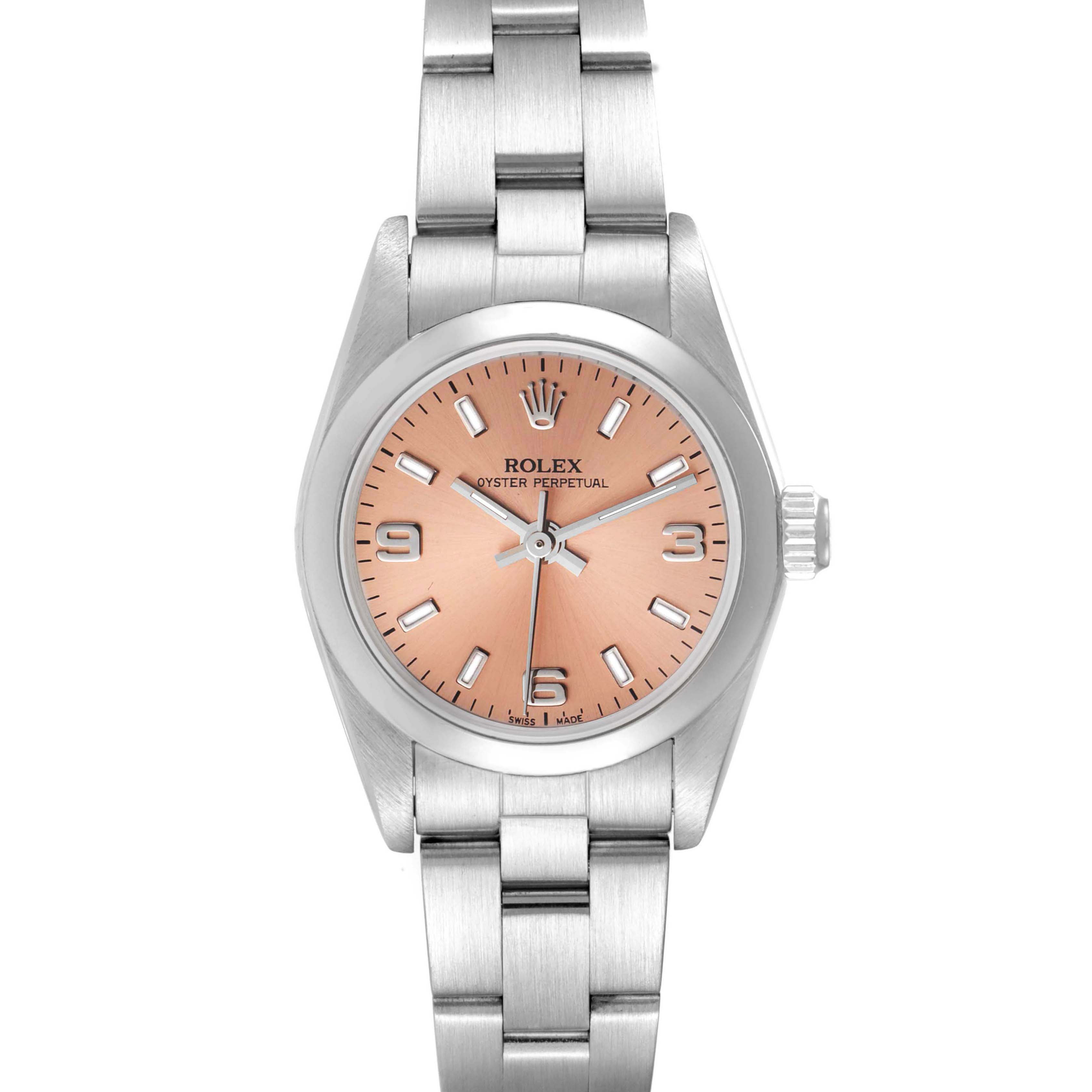 This image shows a front view of a Rolex Oyster Perpetual 76080 Women's Stainless Steel Pink Dial 76080 Women's Stainless Steel Pink Dial watch with a silver bracelet and a pink dial.