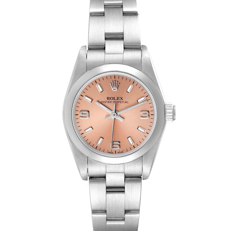 Rolex Oyster Perpetual Salmon Dial Domed Bezel Steel Watch 76080 Box Papers SwissWatchExpo
