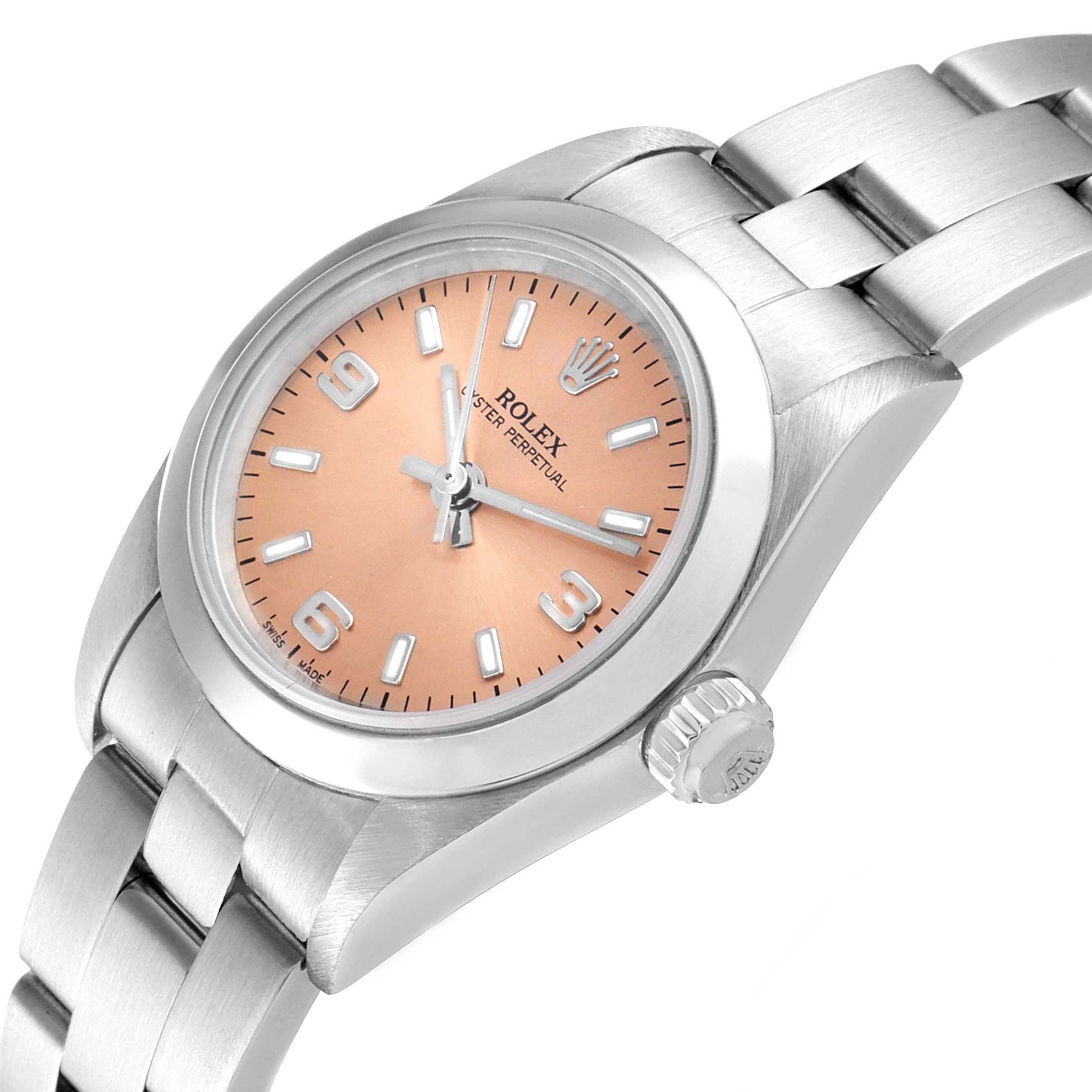 The image shows a Rolex Oyster Perpetual 76080 Women's Stainless Steel Pink Dial 76080 Women's Stainless Steel Pink Dial watch from a slight angle, highlighting the dial, crown, and bracelet.